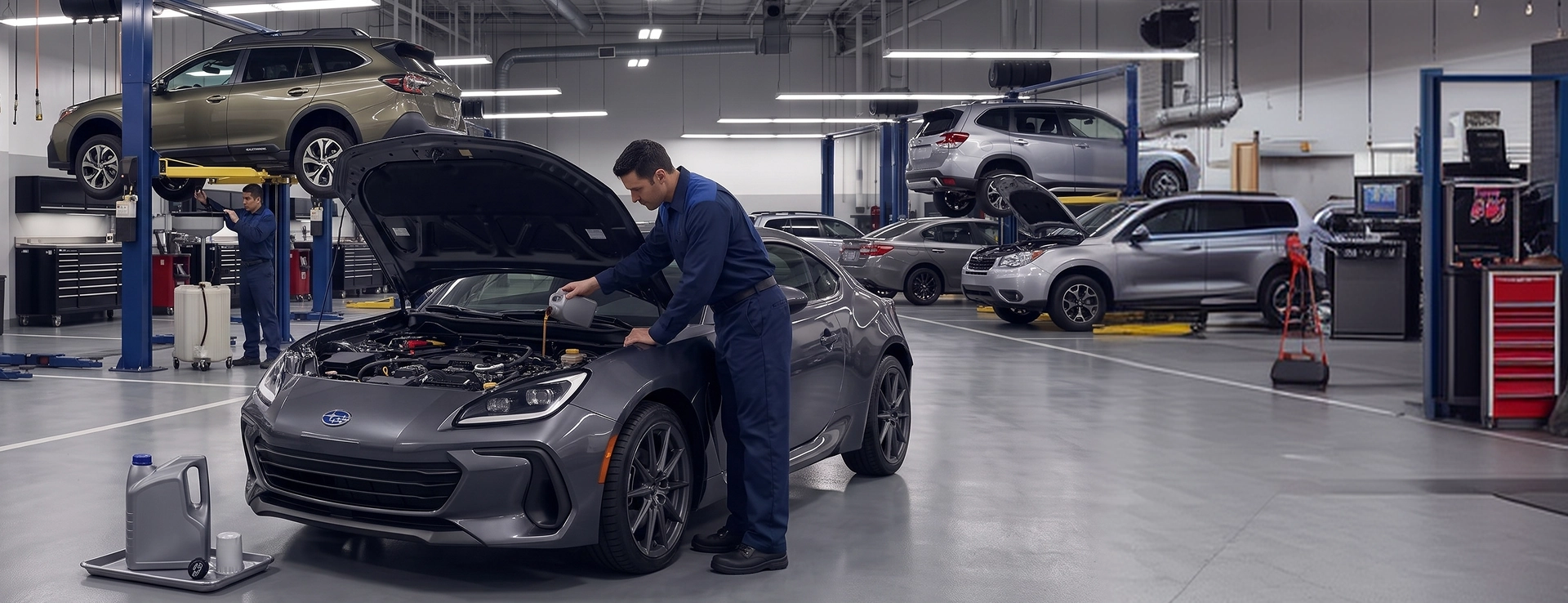 A Baldwin Subaru technician in navy coveralls pouring fresh oil into the engine of a gray Subaru BRZ with its hood raised, with a Subaru Outback up on a lift and a silver Forester parked in the bay behind him
