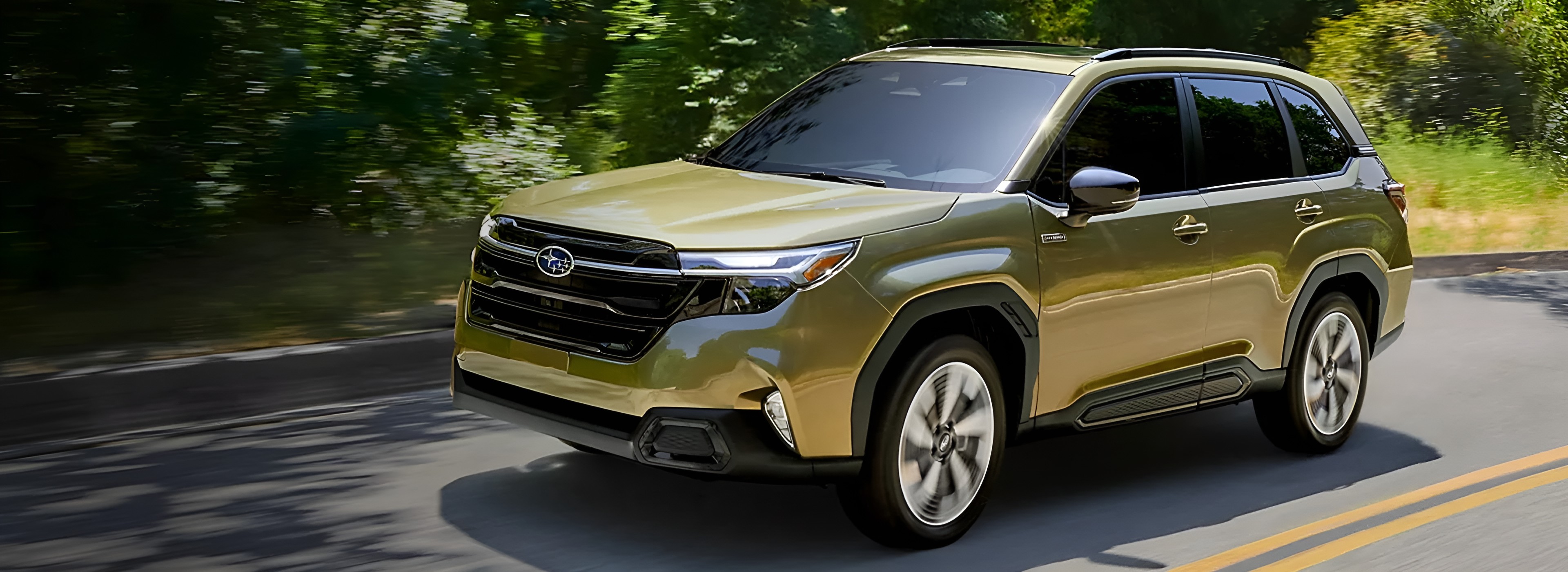 A gold-green 2026 Subaru Forester driving along a sunlit, tree-lined two-lane road