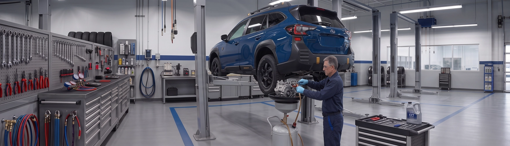 A blue Subaru Outback Wilderness raised on a lift at Baldwin Subaru while a technician drains the transmission into a catch basin, with a bottle of Subaru CVT fluid on the tool cart