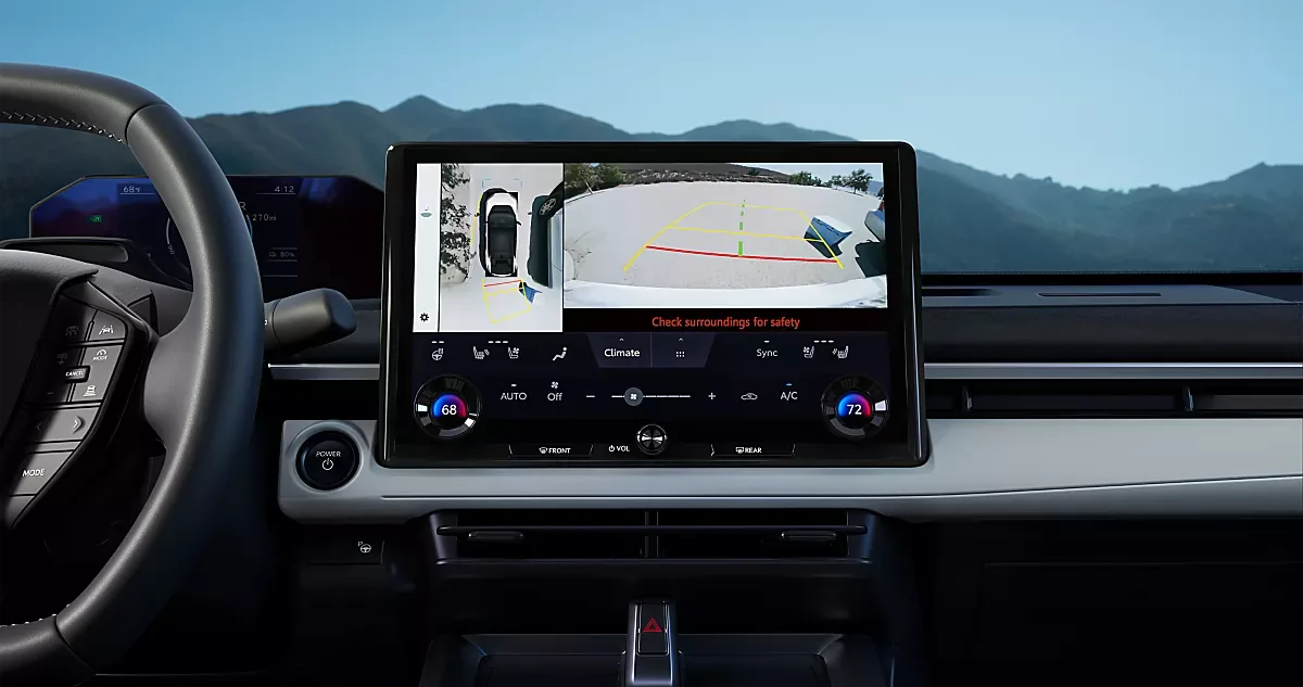 The Solterra touchscreen showing the 360-degree Panoramic View Monitor