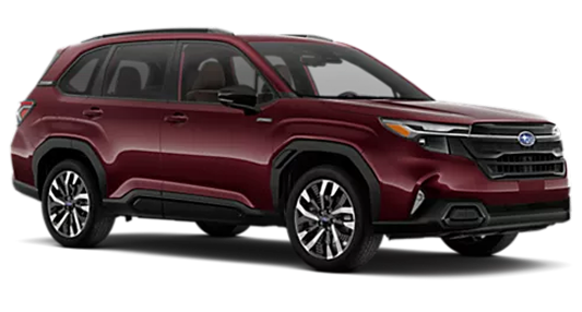 A burgundy 2026 Subaru Forester Touring Hybrid in profile