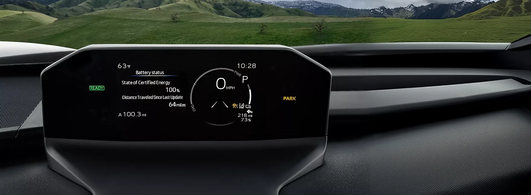The 2026 Subaru Solterra digital cluster showing battery status and remaining range