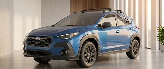 Blue Subaru Crosstrek SUV in a showroom
