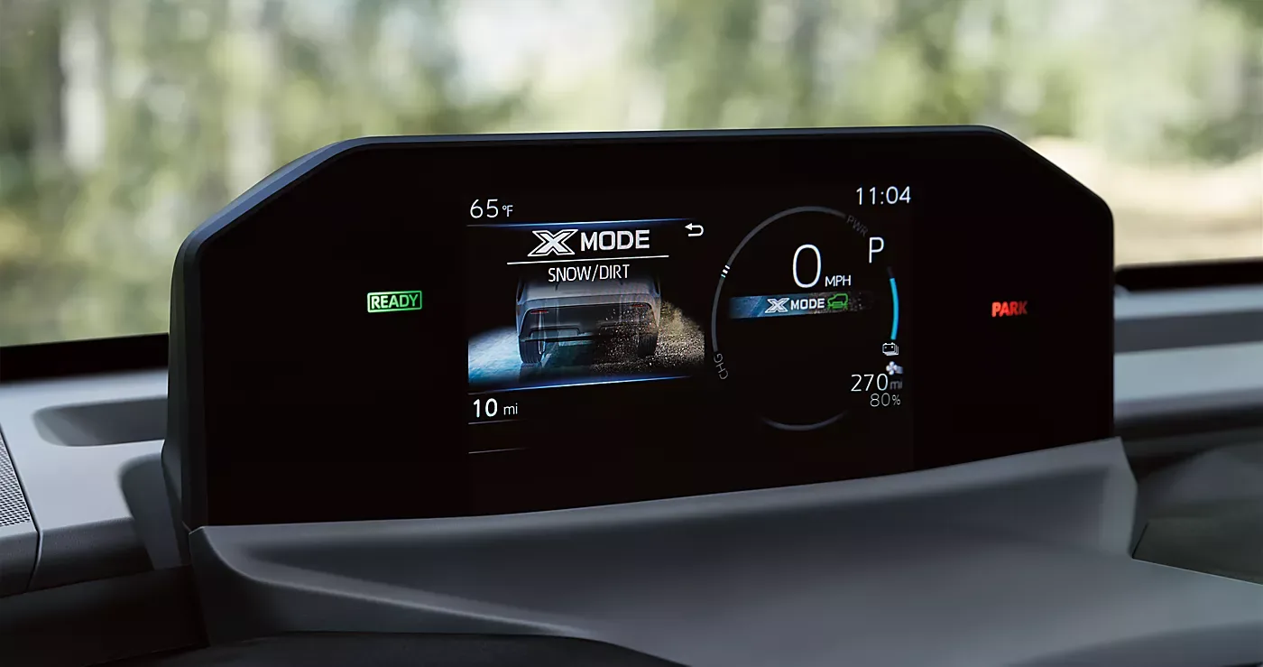 The 2026 Subaru Solterra cluster display with X-MODE engaged