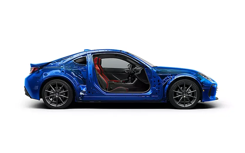 Cutaway view of the blue BRZ showing its lightweight chassis structure