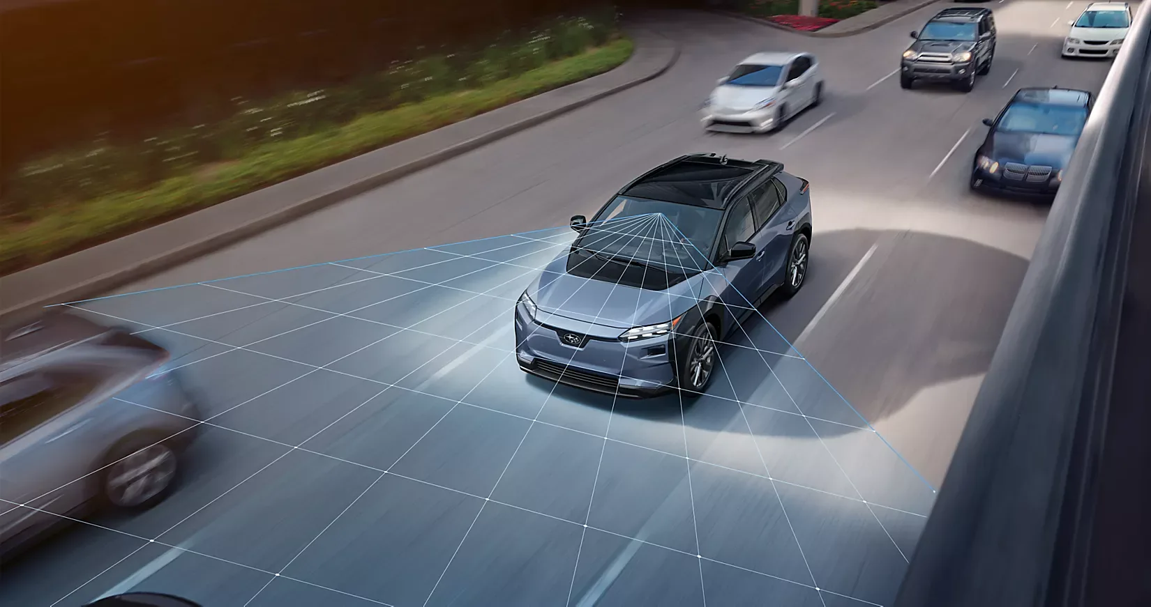 EyeSight sensors mapping the traffic around a Subaru Solterra