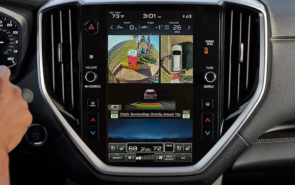 Driver’s view of the Subaru Ascent vertical touchscreen showing the Surround View camera