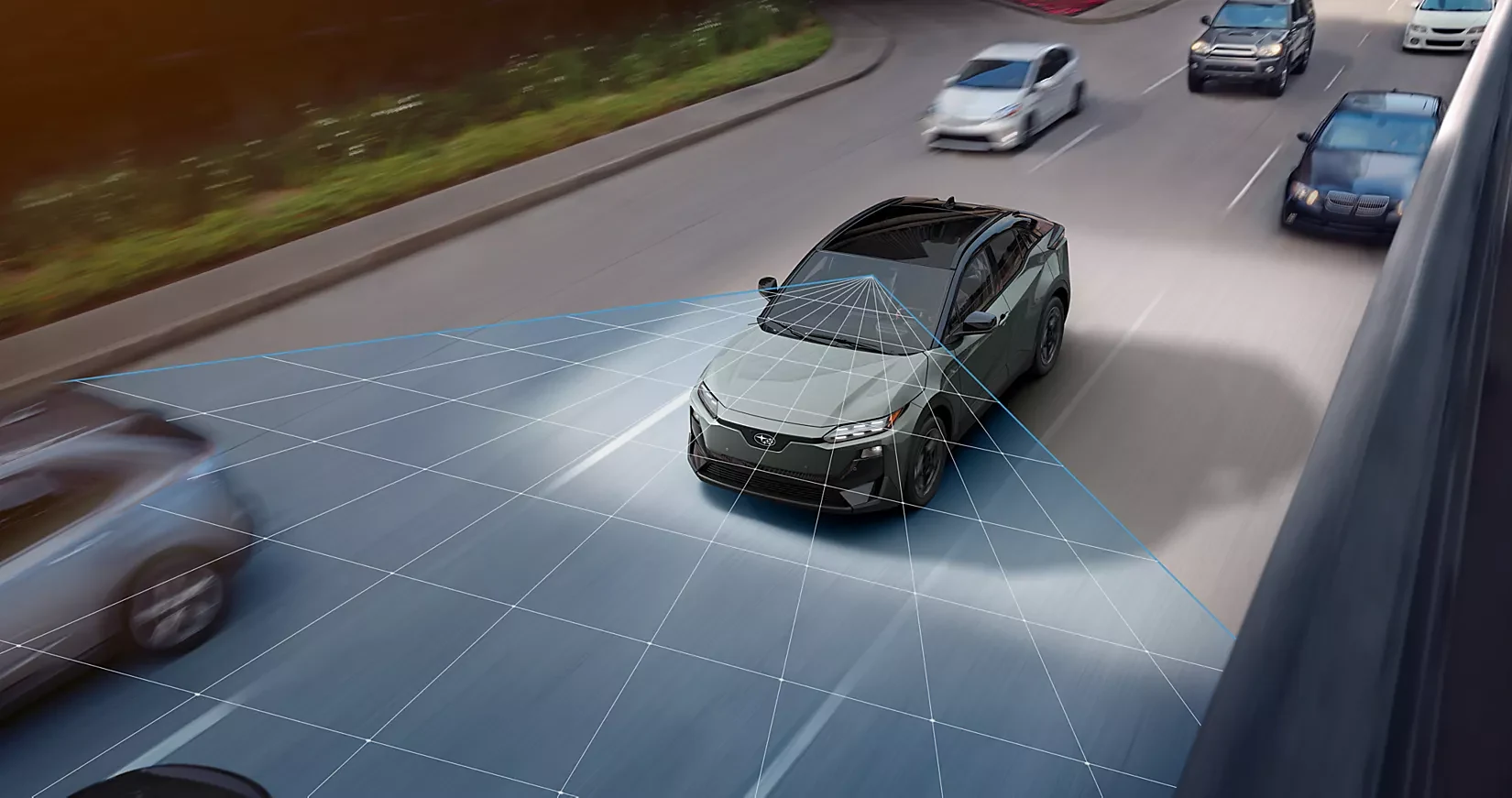 The EyeSight camera unit above the Uncharted rear-view mirror