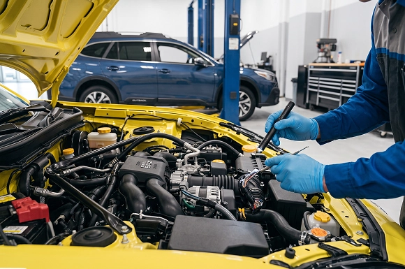 A close-up of a gloved Baldwin Subaru technician working in the engine bay of a yellow Subaru BRZ