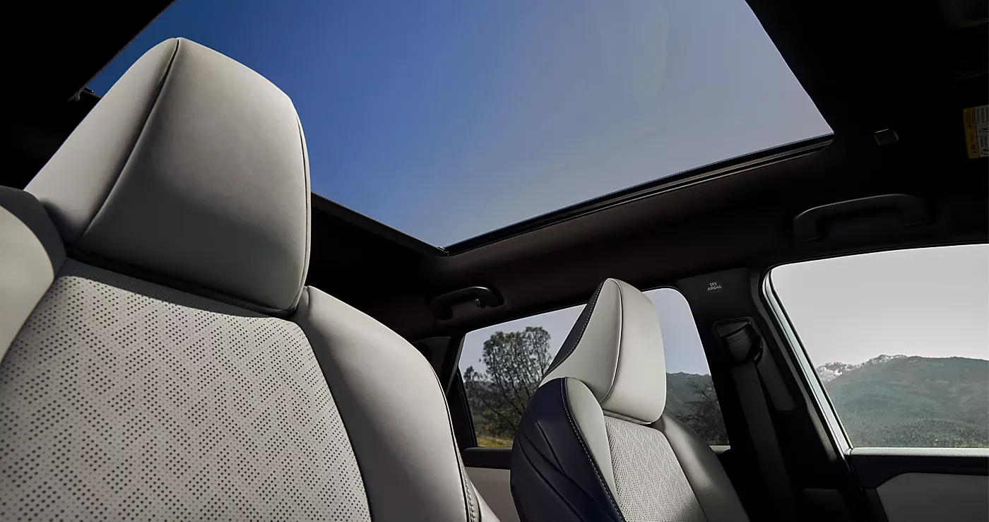 The panoramic fixed glass roof above the Solterra front seats