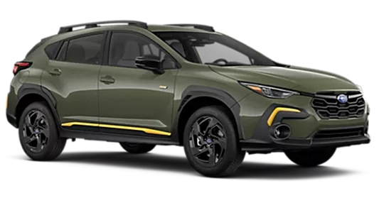 An olive green 2026 Subaru Crosstrek Sport with yellow accents in profile