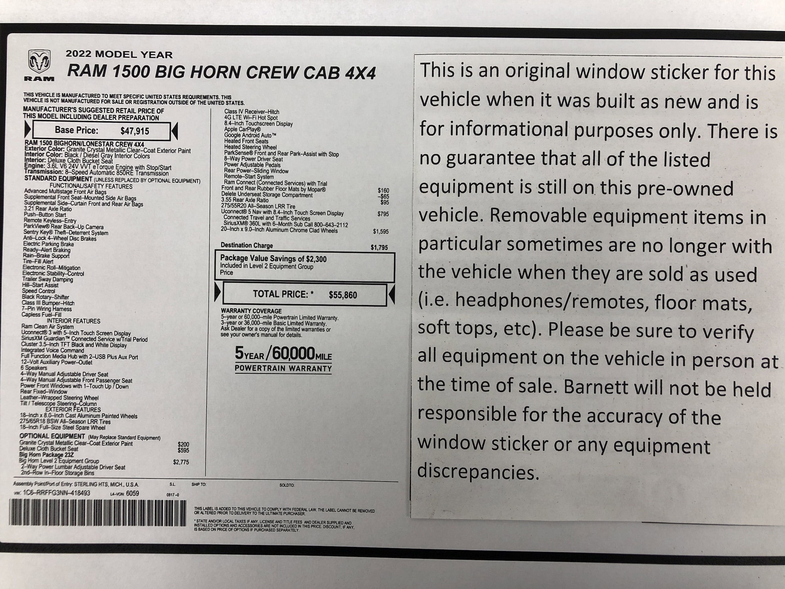 Used 2022 RAM Ram 1500 Pickup Big Horn/Lone Star with VIN 1C6RRFFG3NN418493 for sale in White Bear Lake, Minnesota