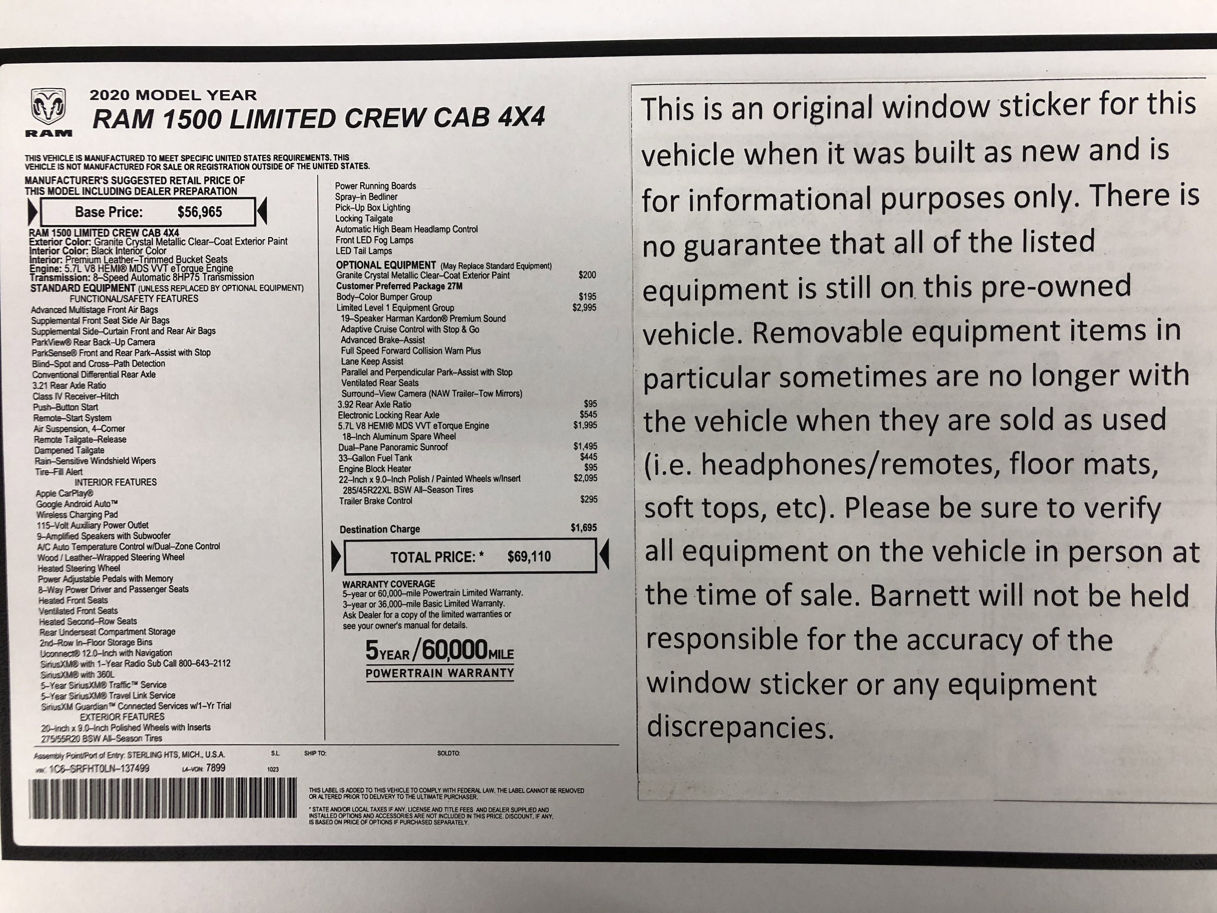 Used 2020 RAM Ram 1500 Pickup Limited with VIN 1C6SRFHT0LN137499 for sale in White Bear Lake, Minnesota