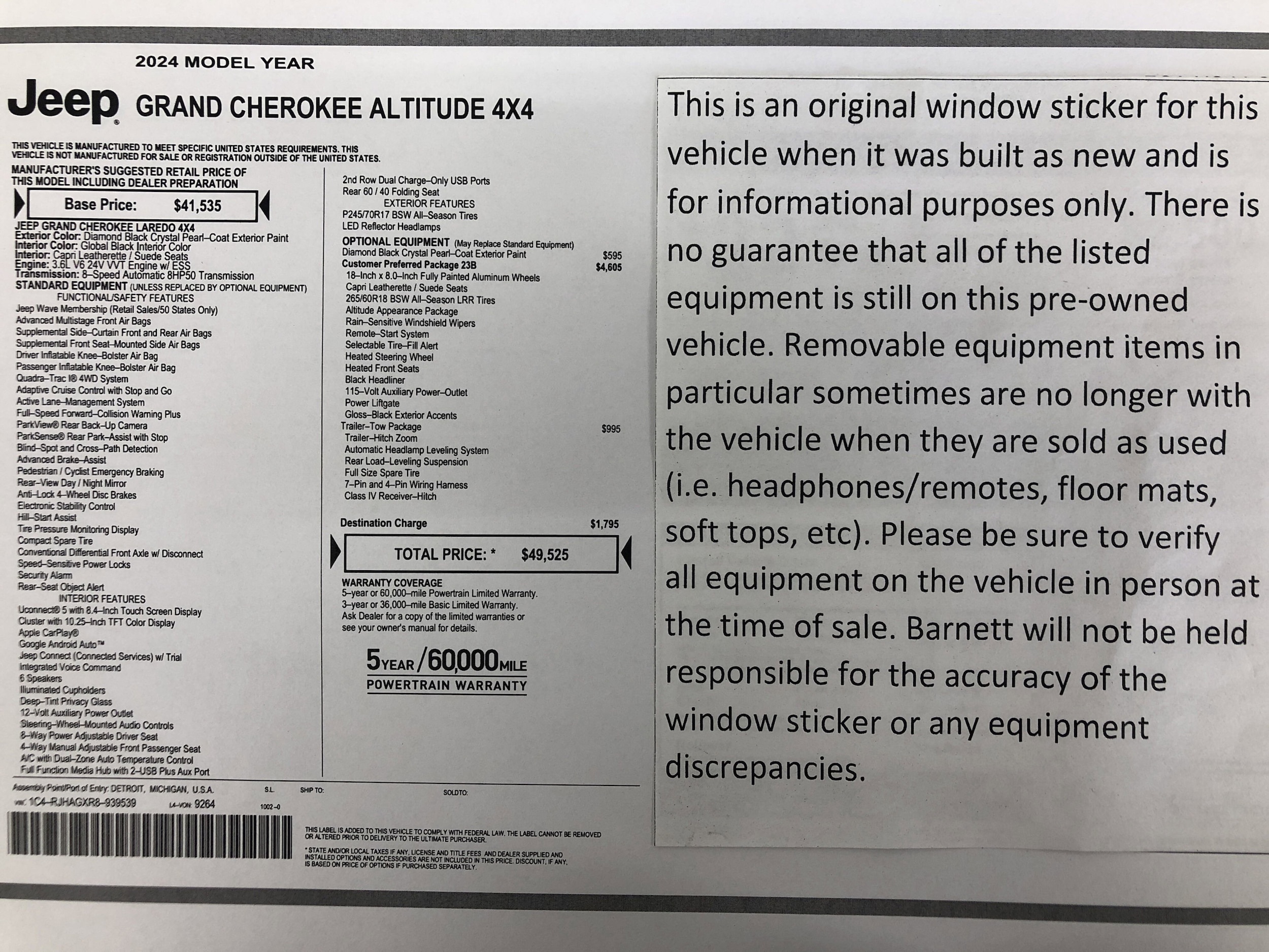 Used 2024 Jeep Grand Cherokee Altitude with VIN 1C4RJHAGXR8939539 for sale in White Bear Lake, Minnesota