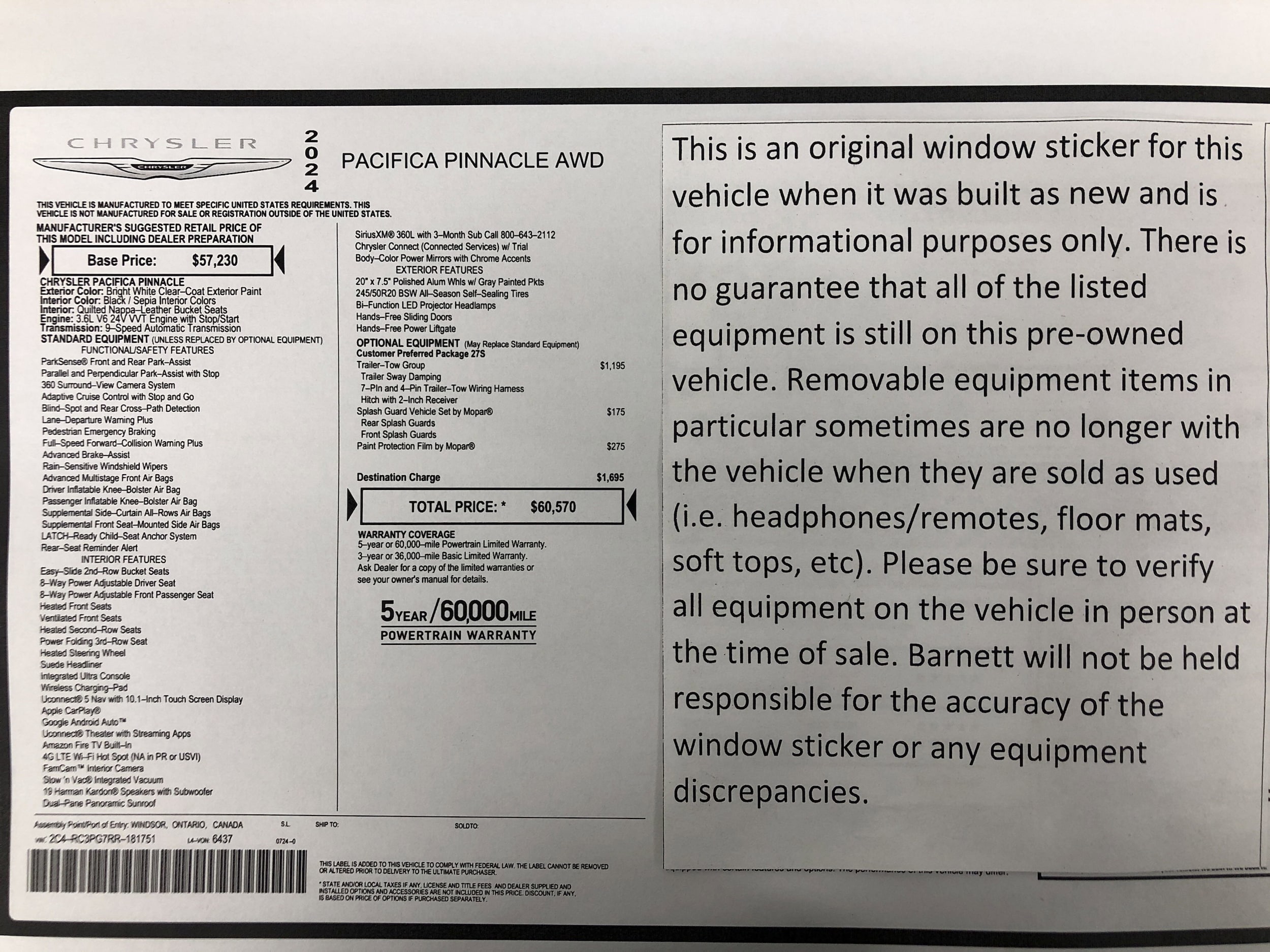 Used 2024 Chrysler Pacifica Pinnacle with VIN 2C4RC3PG7RR181751 for sale in White Bear Lake, Minnesota
