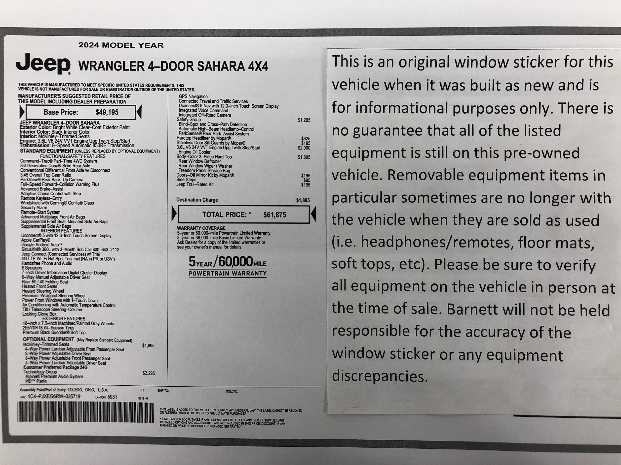 Used 2024 Jeep Wrangler 4-Door Sahara with VIN 1C4PJXEG6RW335719 for sale in White Bear Lake, Minnesota