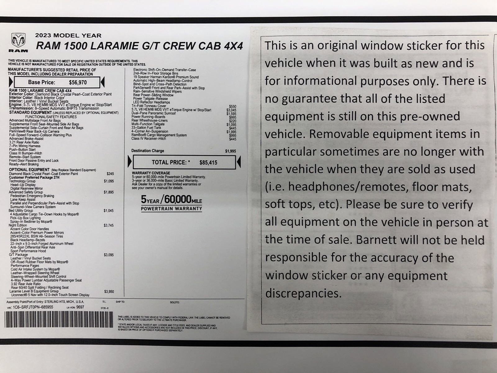 Used 2023 RAM Ram 1500 Pickup Laramie with VIN 1C6SRFJT0PN685955 for sale in White Bear Lake, MN