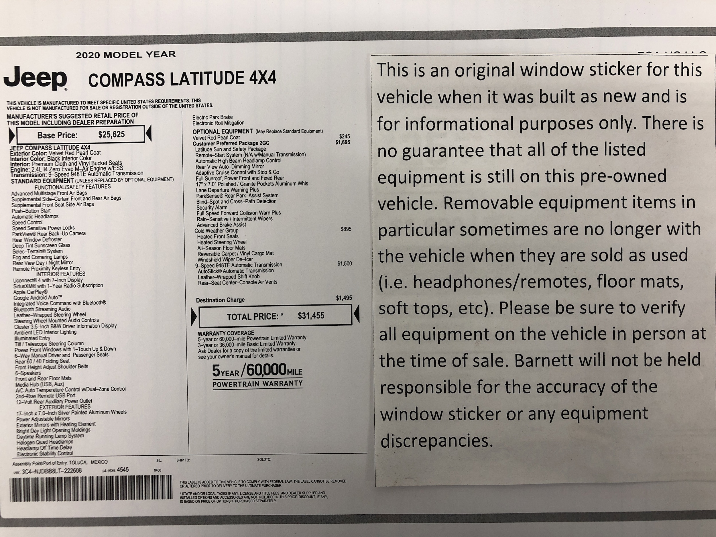 Used 2020 Jeep Compass Sun & Safety with VIN 3C4NJDBB8LT222608 for sale in Saint Paul, Minnesota
