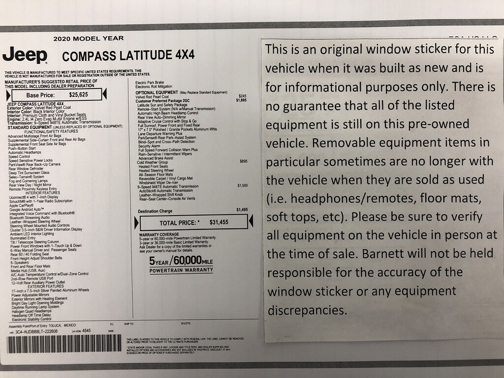 Used 2020 Jeep Compass Latitude w/Sun/Safety Pkg SUV