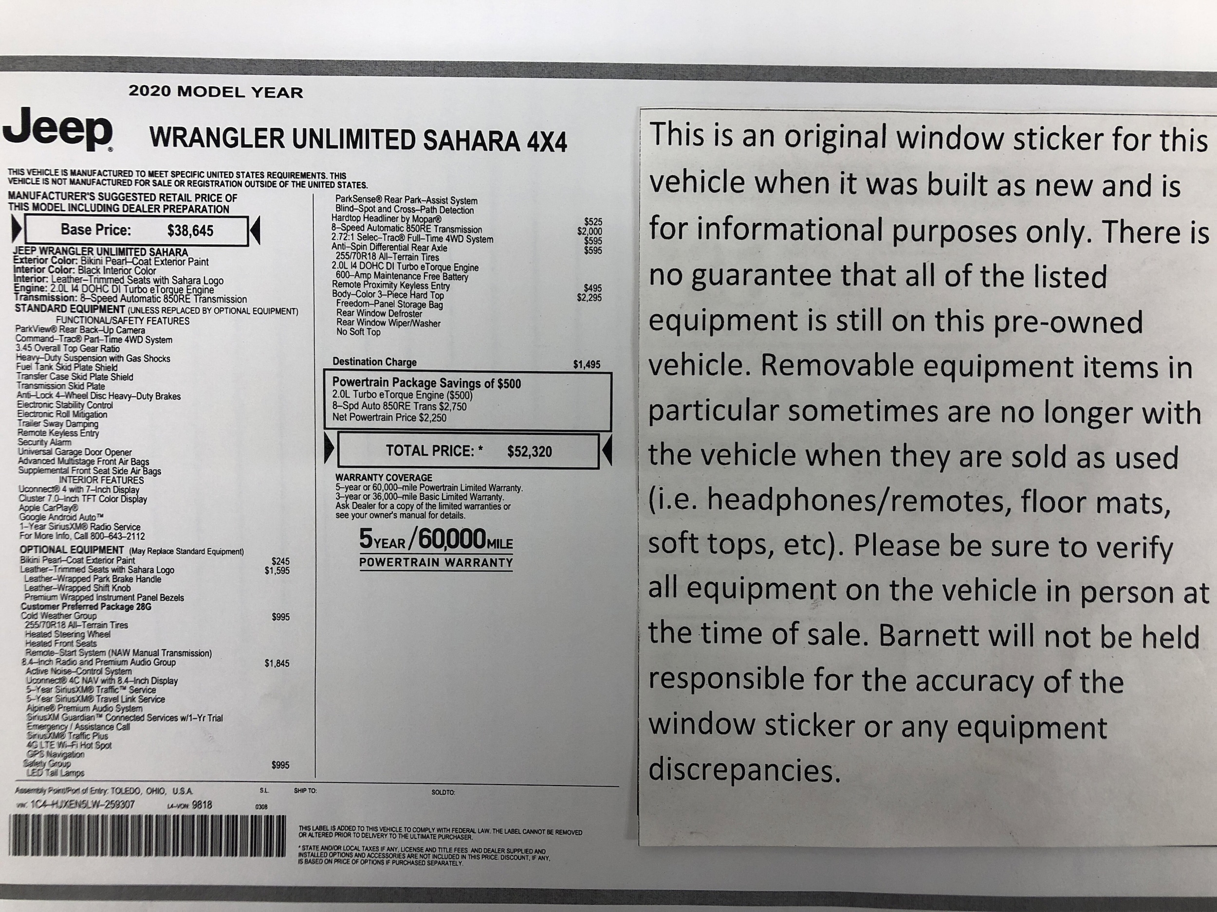 Used 2020 Jeep Wrangler Unlimited Sahara with VIN 1C4HJXEN5LW259307 for sale in Saint Paul, Minnesota