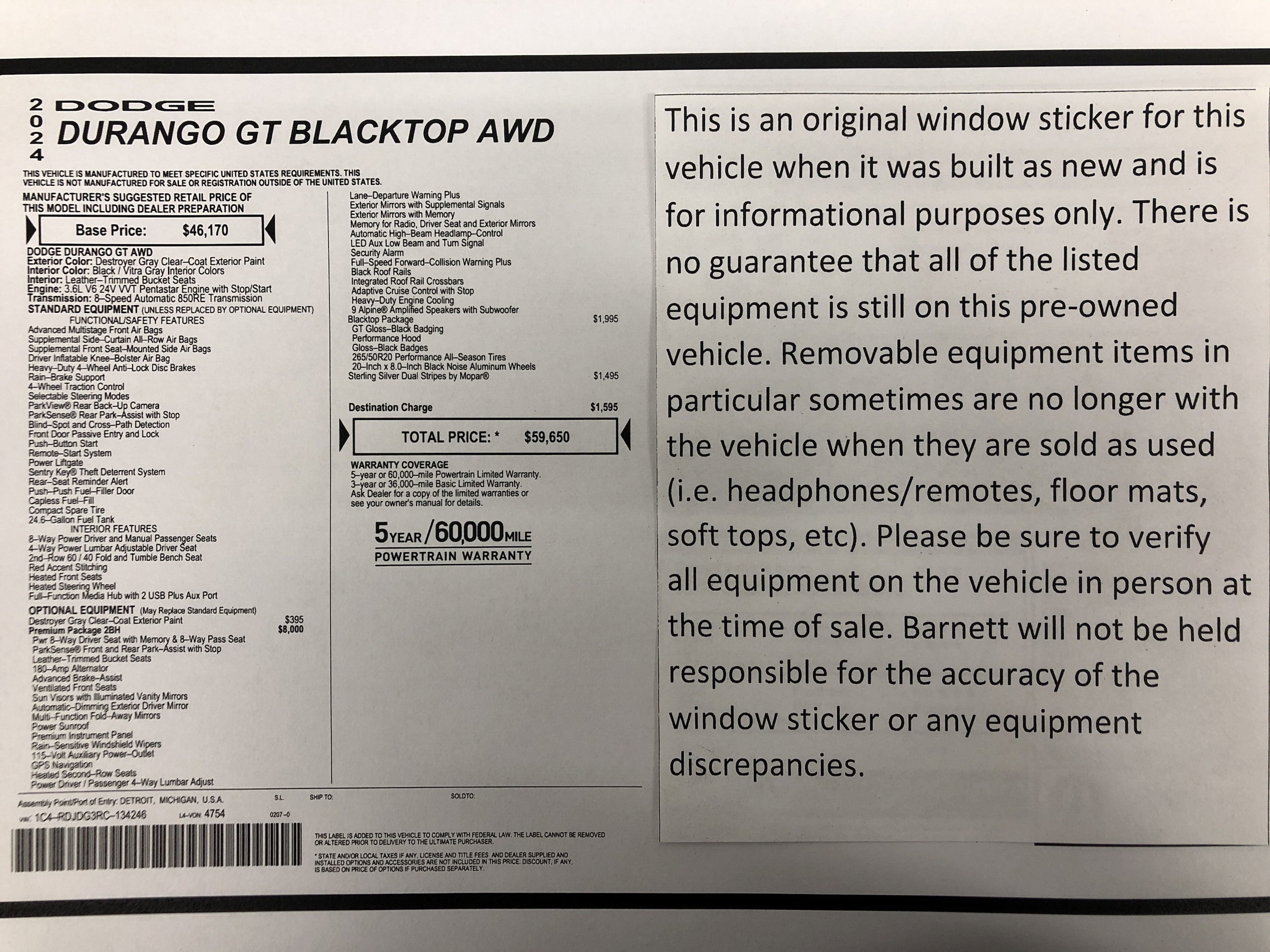 Used 2024 Dodge Durango GT with VIN 1C4RDJDG3RC134246 for sale in White Bear Lake, MN