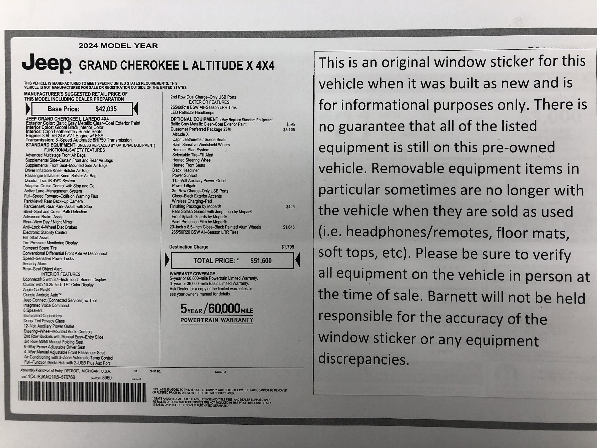 Used 2024 Jeep Grand Cherokee L Altitude with VIN 1C4RJKAG1R8576769 for sale in White Bear Lake, Minnesota
