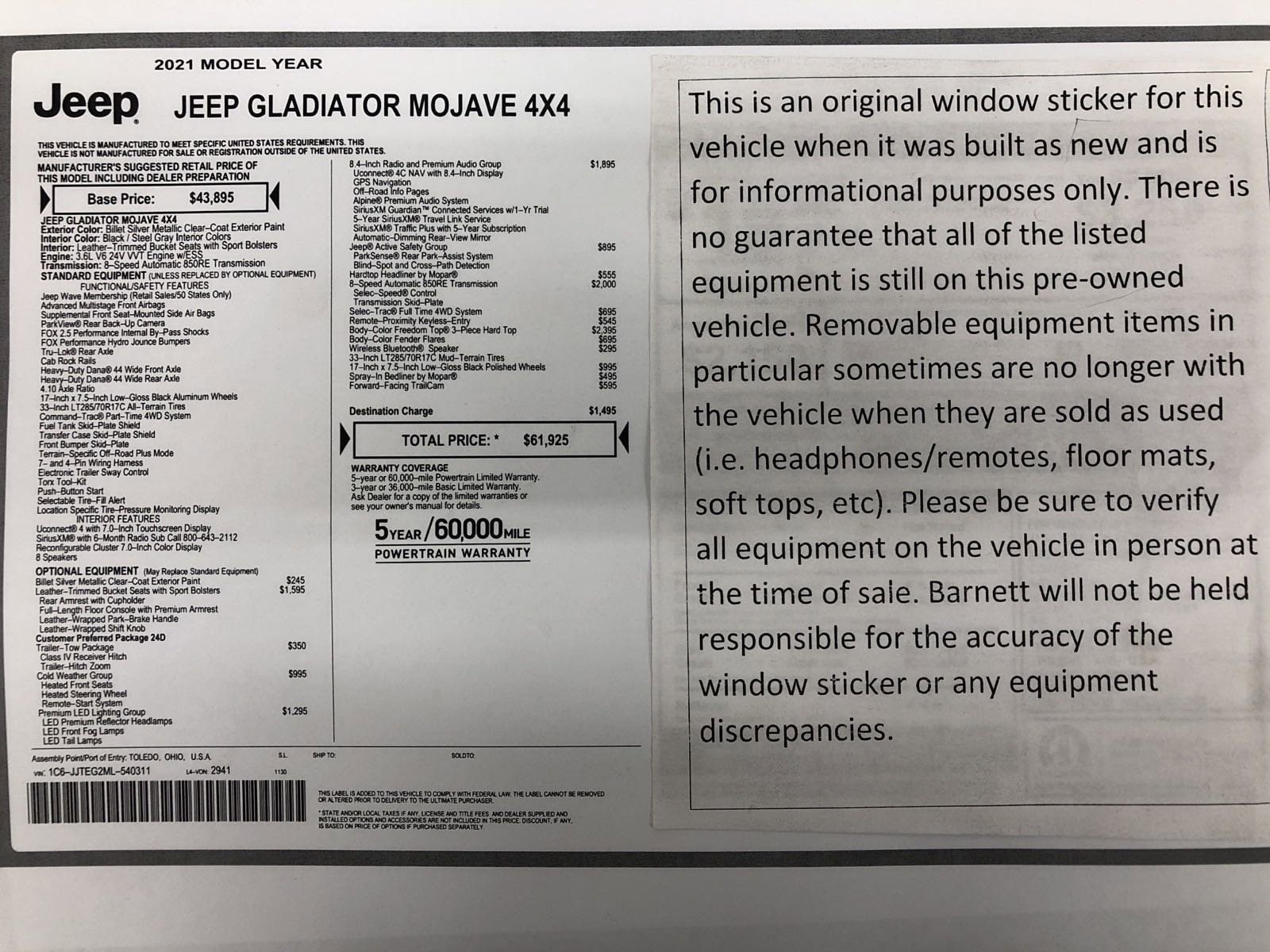 Used 2021 Jeep Gladiator Mojave with VIN 1C6JJTEG2ML540311 for sale in White Bear Lake, Minnesota