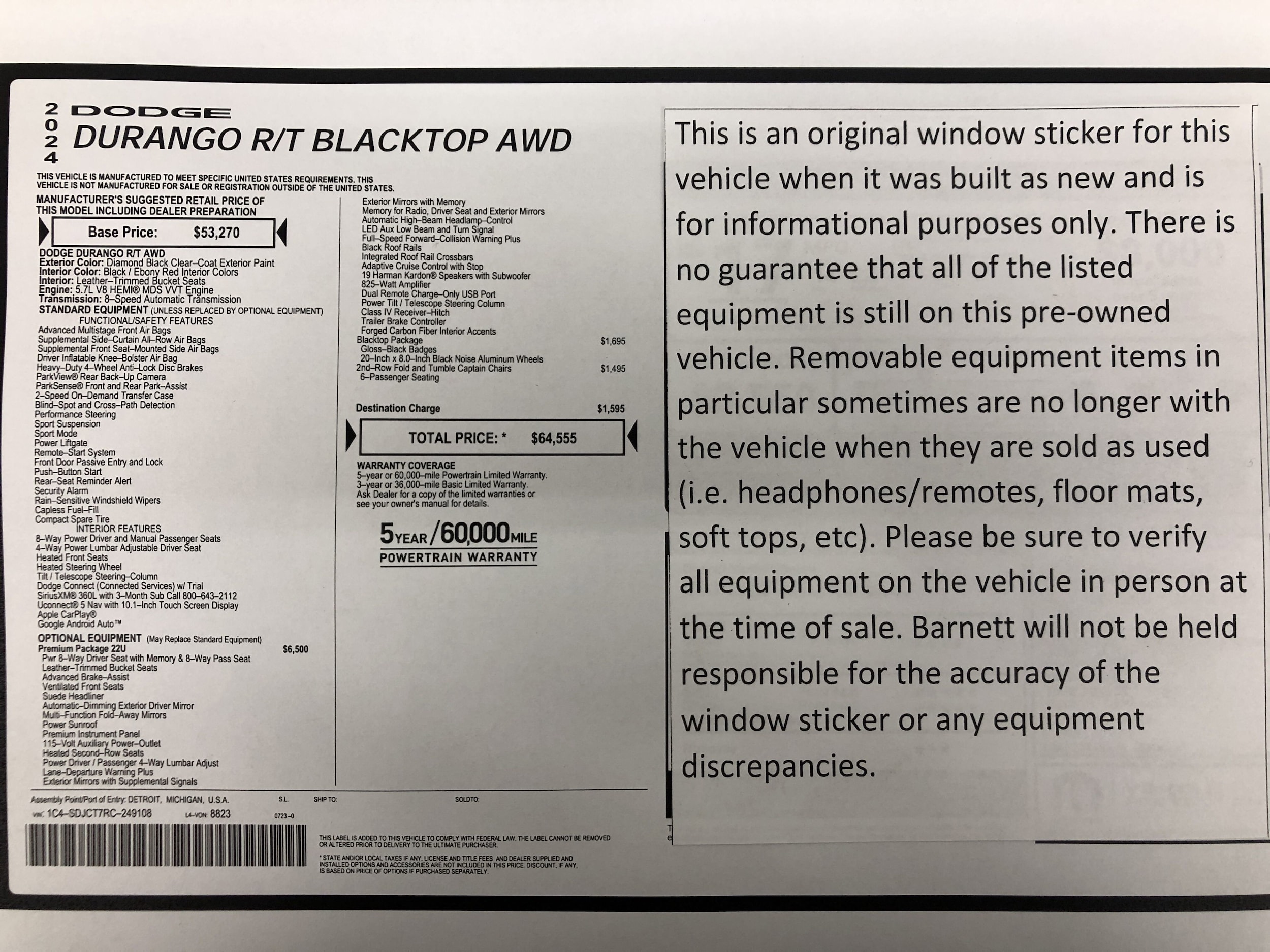 Used 2024 Dodge Durango R/T with VIN 1C4SDJCT7RC249108 for sale in White Bear Lake, MN