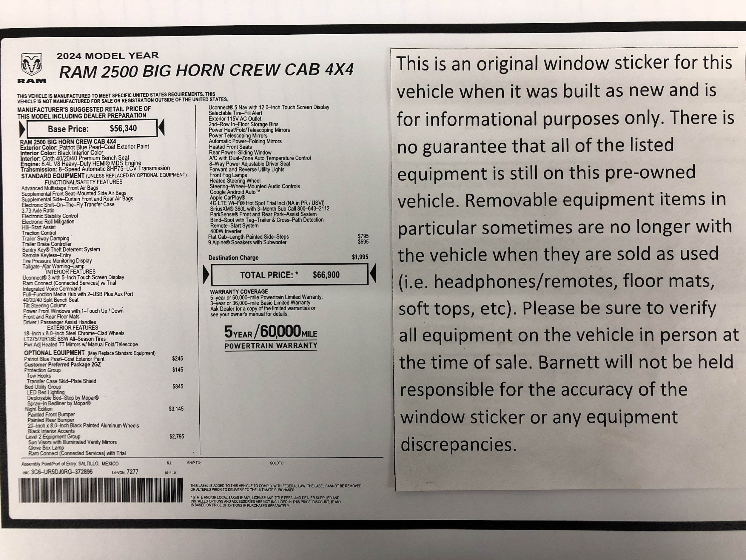 Used 2024 RAM Ram 2500 Pickup Big Horn with VIN 3C6UR5DJ0RG372896 for sale in Saint Paul, Minnesota