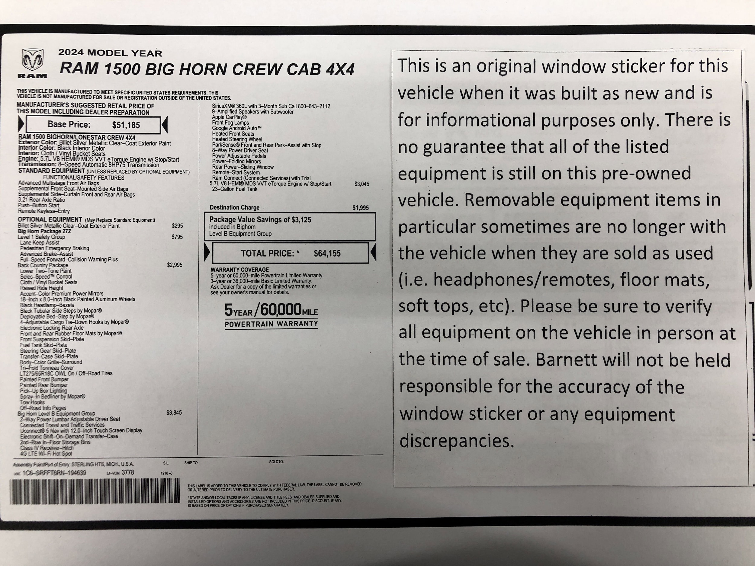 Used 2024 RAM Ram 1500 Pickup Big Horn/Lone Star with VIN 1C6SRFFT6RN194639 for sale in White Bear Lake, Minnesota
