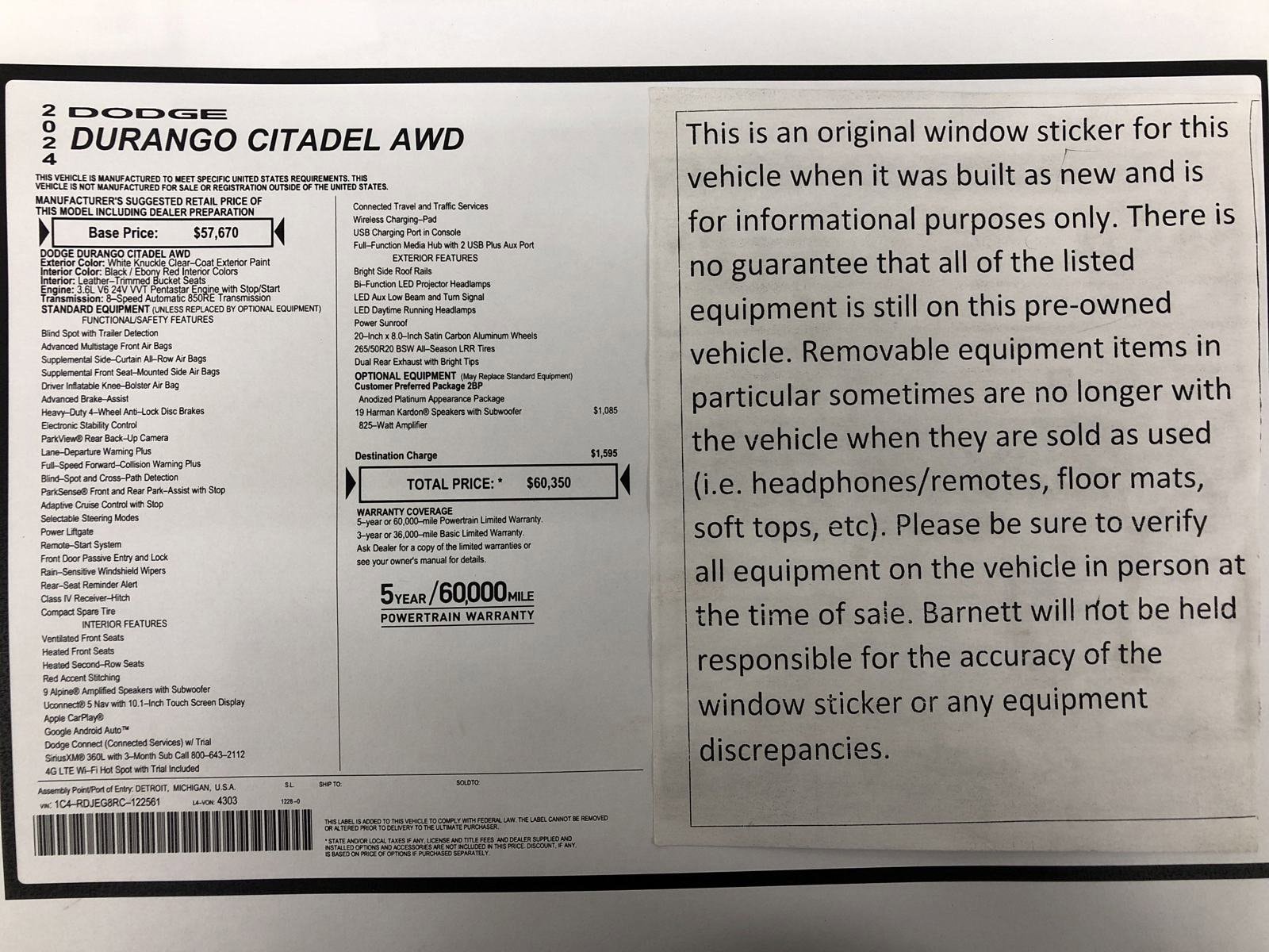 Used 2024 Dodge Durango Citadel with VIN 1C4RDJEG8RC122561 for sale in White Bear Lake, Minnesota