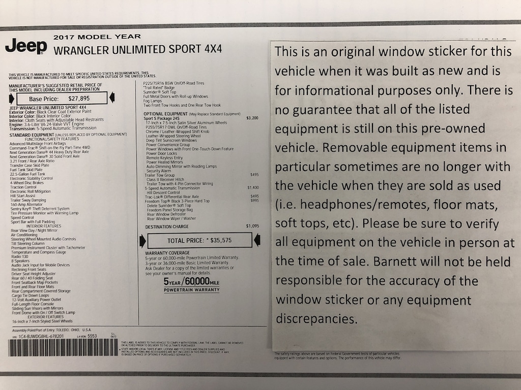 Used 2017 Jeep Wrangler JK Unlimited Sport SUV