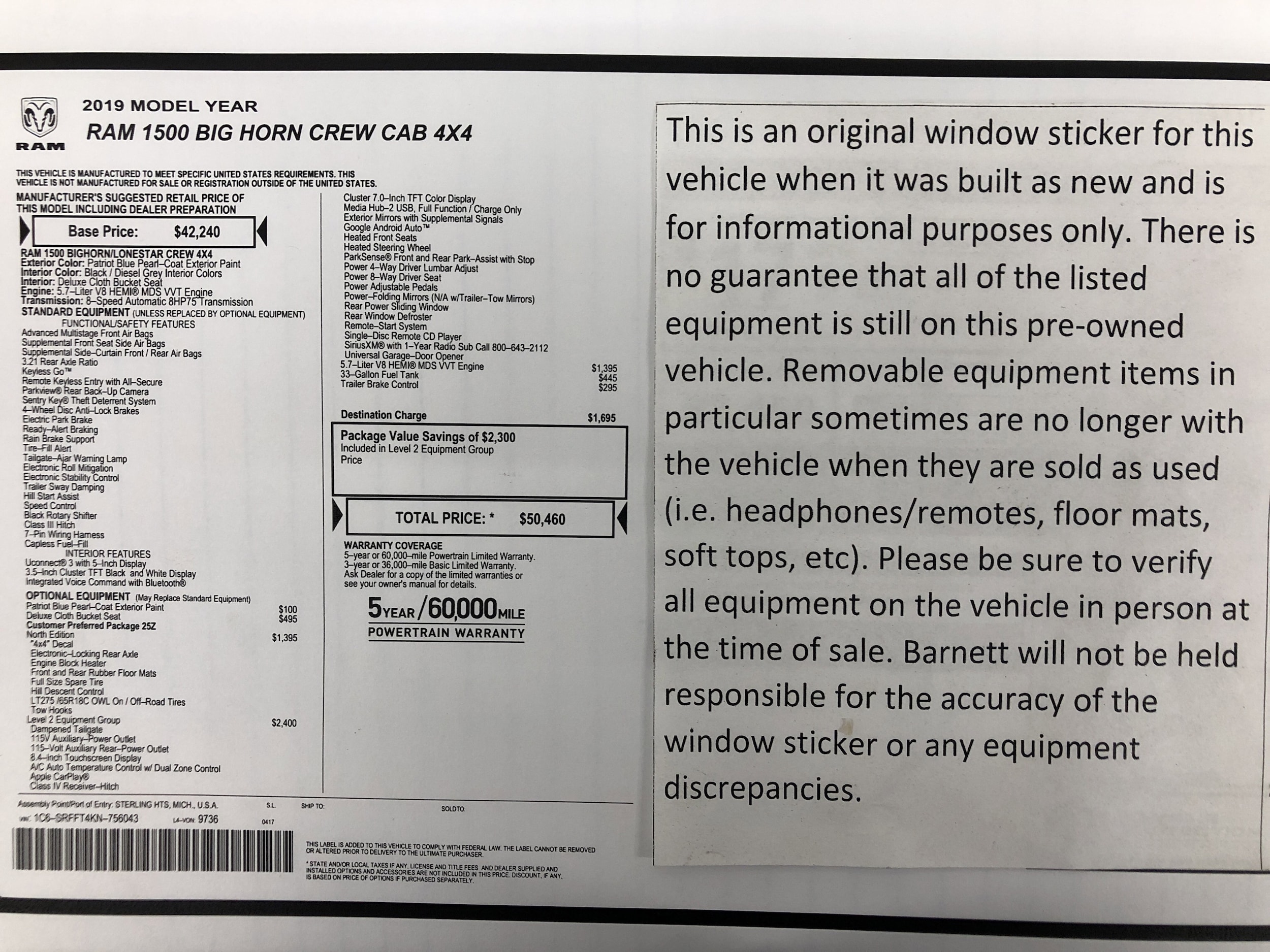Used 2019 RAM Ram 1500 Pickup Big Horn/Lone Star with VIN 1C6SRFFT4KN756043 for sale in Saint Paul, Minnesota