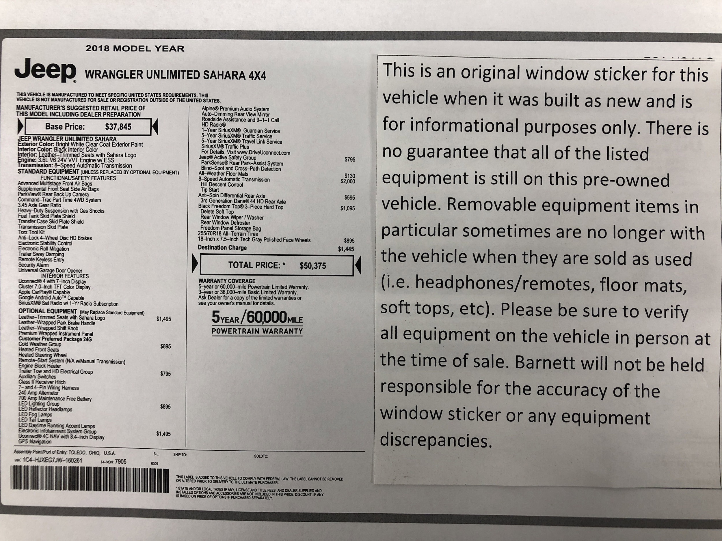 Used 2018 Jeep All-New Wrangler Unlimited Sahara with VIN 1C4HJXEG7JW160261 for sale in White Bear Lake, Minnesota