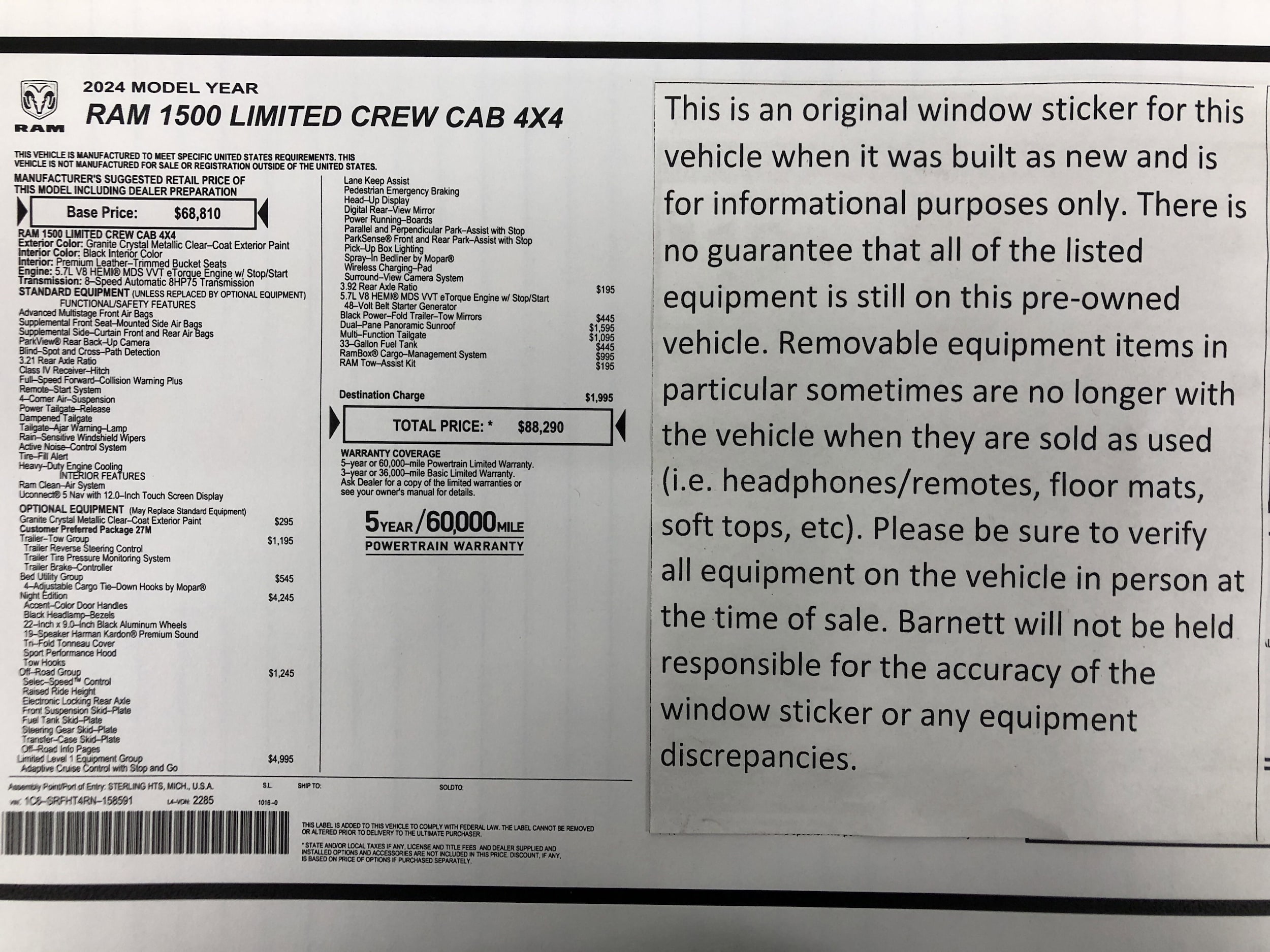 Used 2024 RAM Ram 1500 Pickup Limited with VIN 1C6SRFHT4RN158591 for sale in White Bear Lake, Minnesota