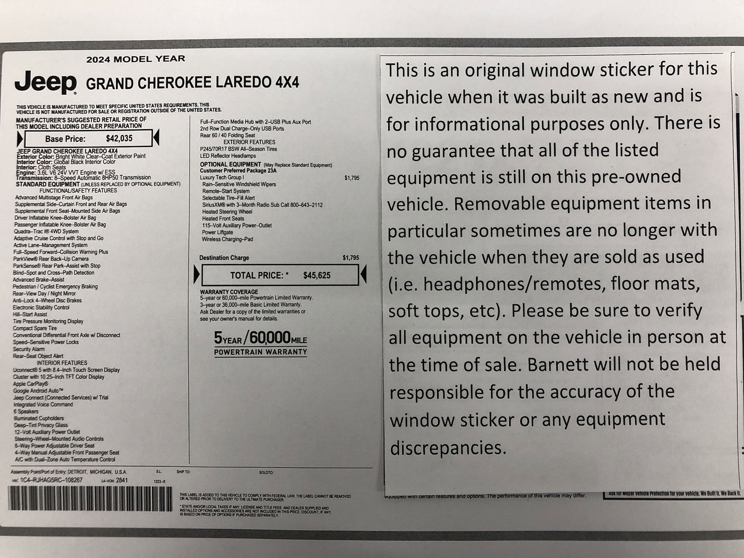 Used 2024 Jeep Grand Cherokee Laredo with VIN 1C4RJHAG5RC108267 for sale in White Bear Lake, Minnesota