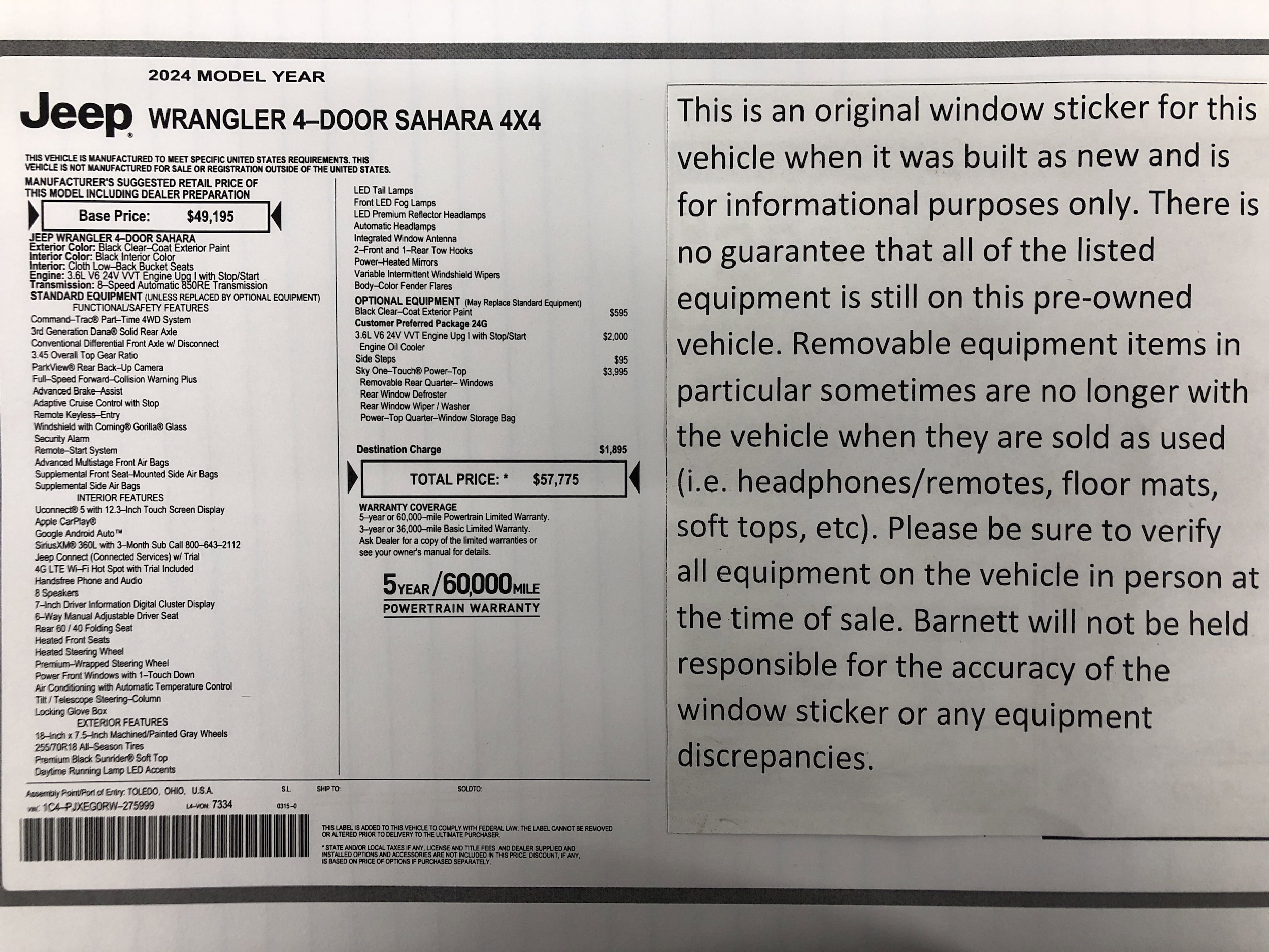 Used 2024 Jeep Wrangler 4-Door Sahara with VIN 1C4PJXEG0RW275999 for sale in White Bear Lake, Minnesota