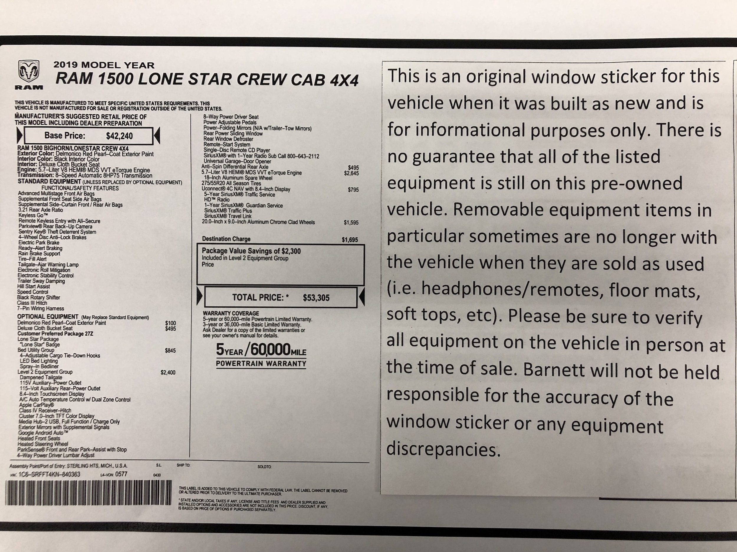 Used 2019 RAM Ram 1500 Pickup Big Horn/Lone Star with VIN 1C6SRFFT4KN840363 for sale in White Bear Lake, Minnesota