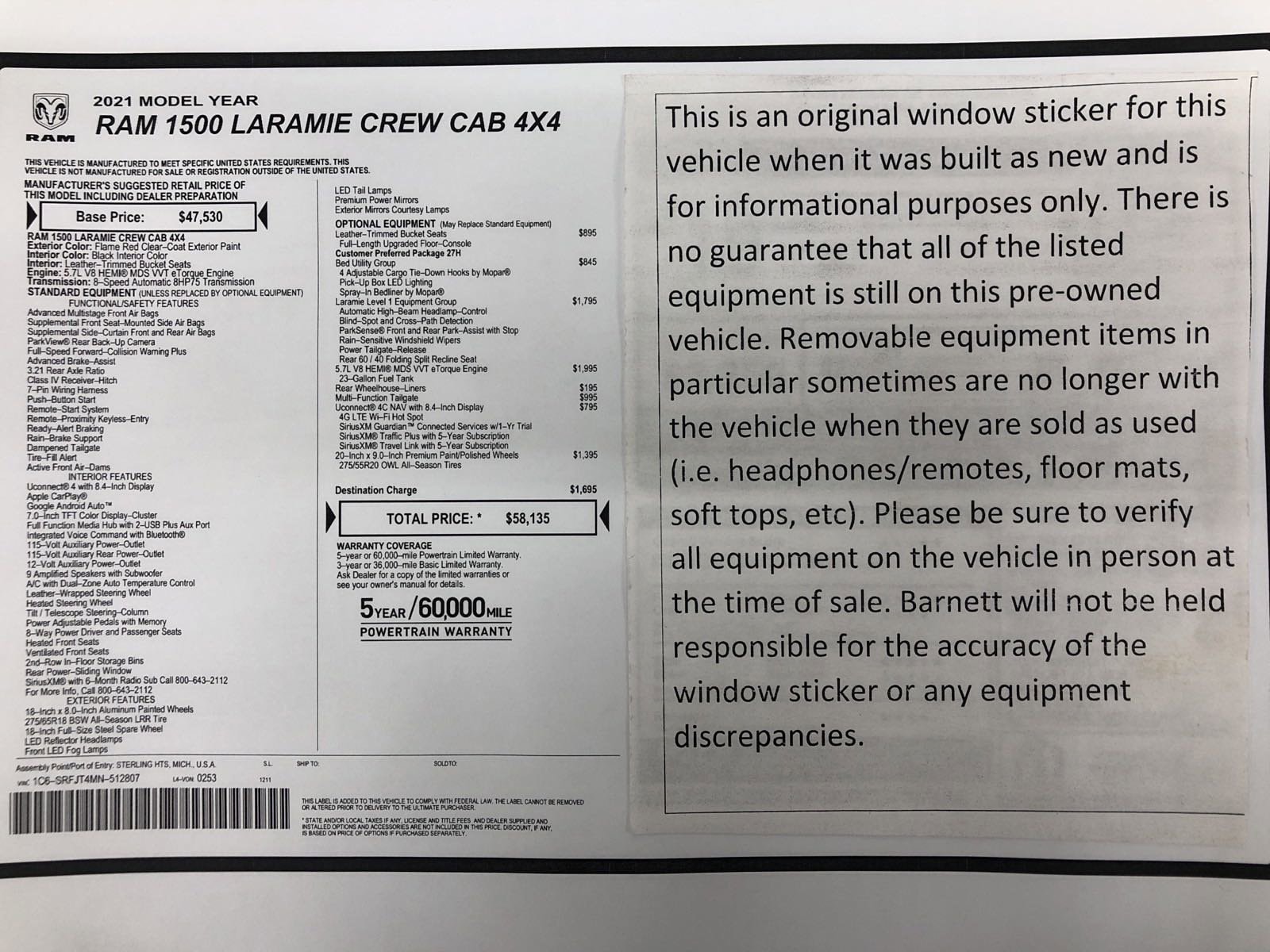 Used 2021 RAM Ram 1500 Pickup Laramie with VIN 1C6SRFJT4MN512807 for sale in White Bear Lake, MN