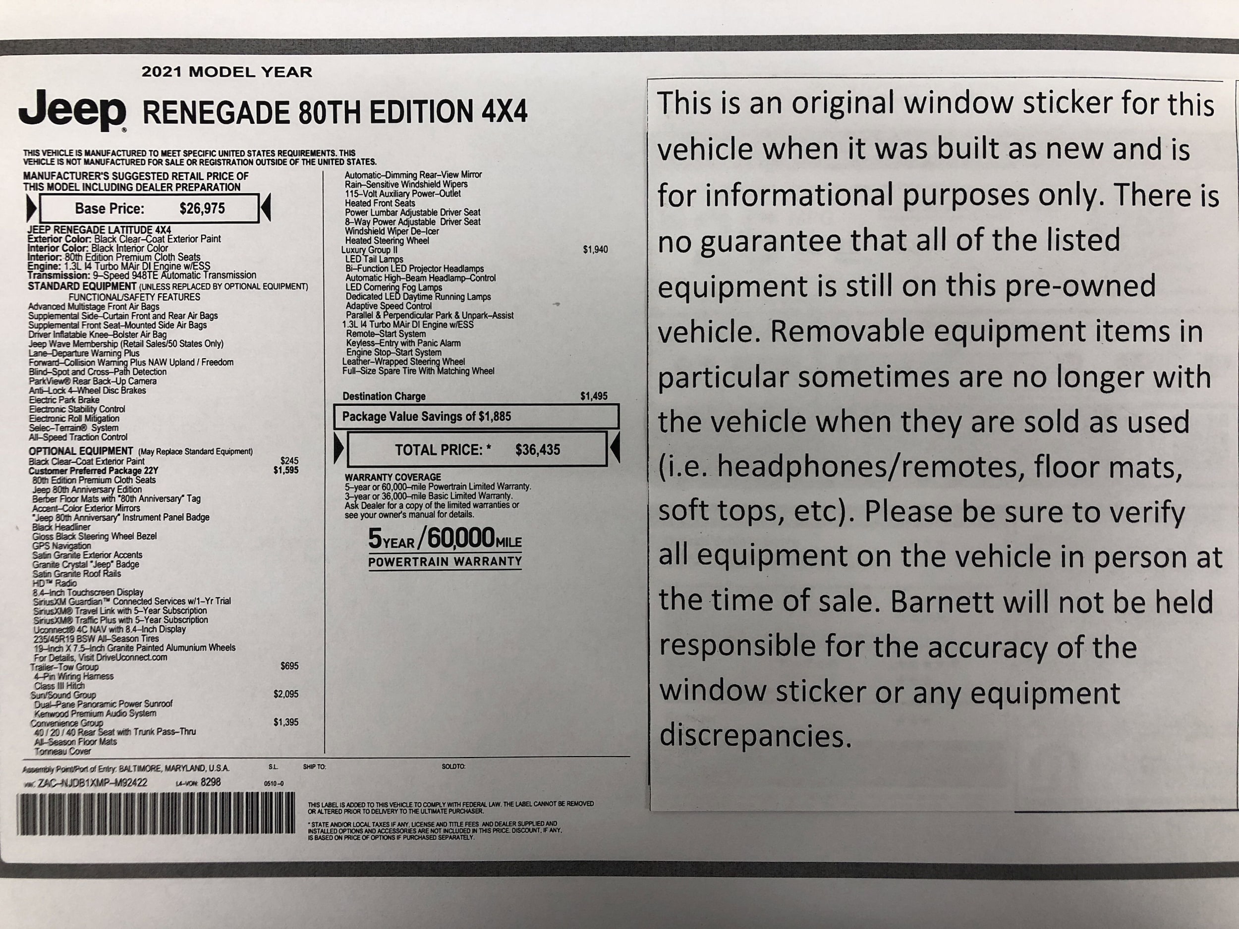 Used 2021 Jeep Renegade 80TH Edition with VIN ZACNJDB1XMPM92422 for sale in White Bear Lake, Minnesota