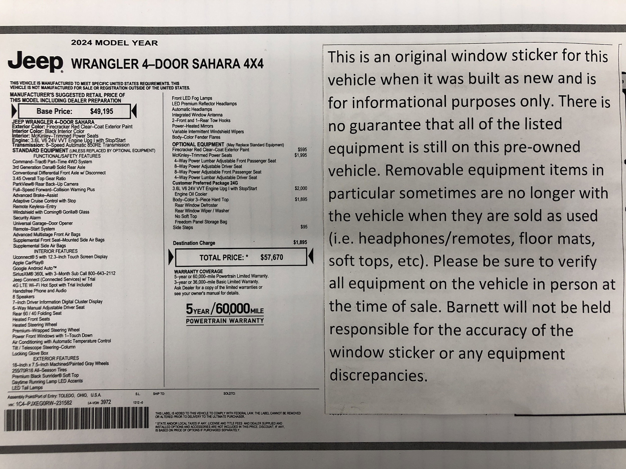 Used 2024 Jeep Wrangler 4-Door Sahara with VIN 1C4PJXEG0RW231582 for sale in White Bear Lake, Minnesota