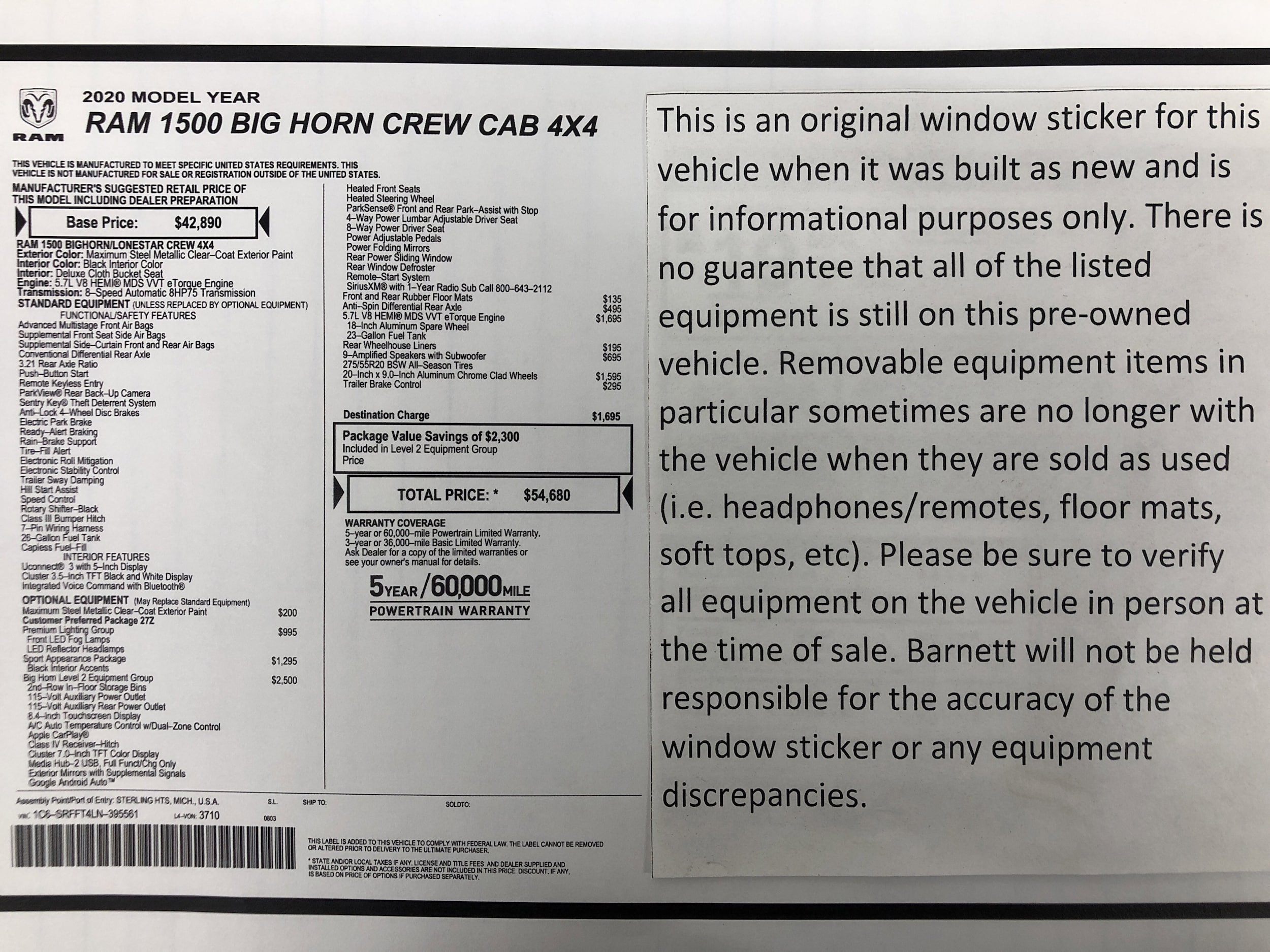Used 2020 RAM Ram 1500 Pickup Big Horn/Lone Star with VIN 1C6SRFFT4LN395561 for sale in Saint Paul, Minnesota