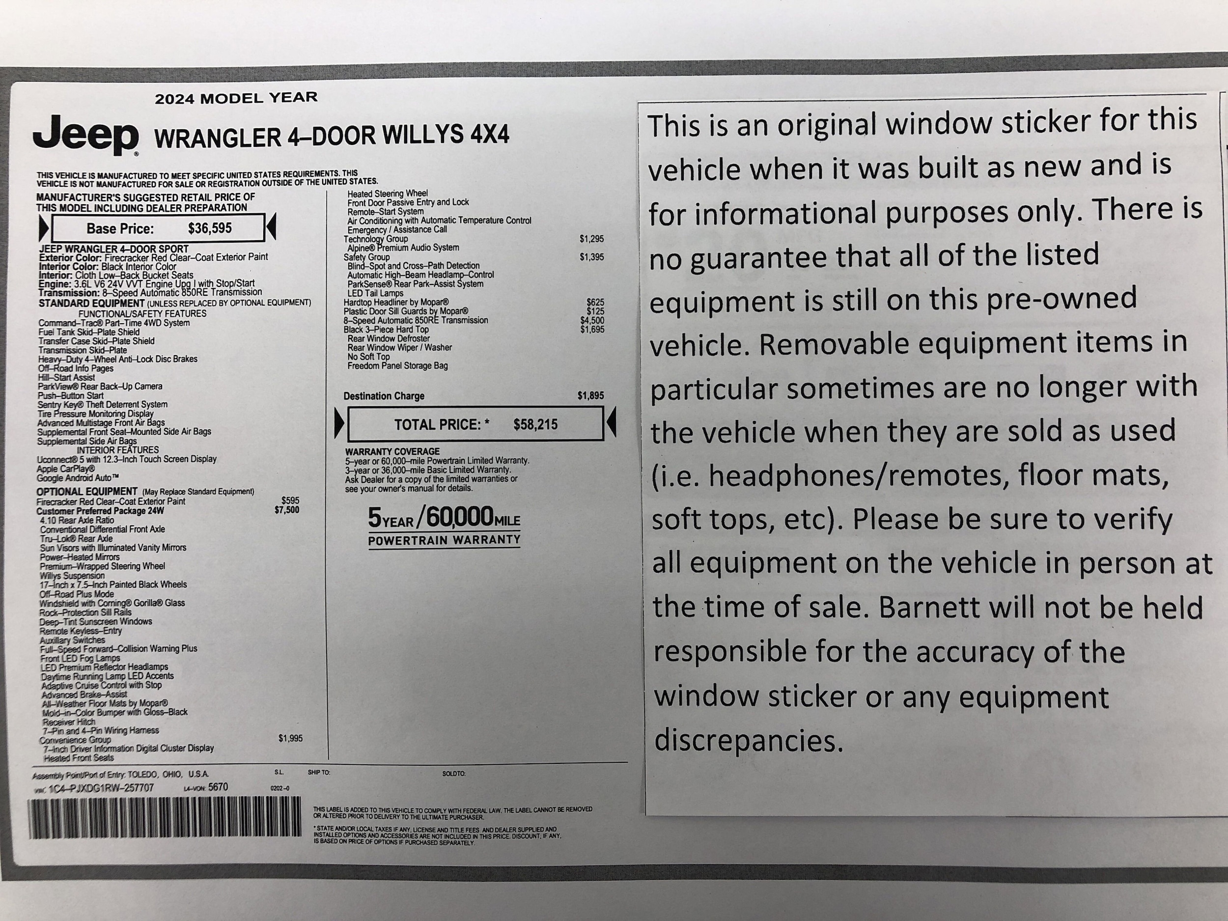 Used 2024 Jeep Wrangler 4-Door Willys with VIN 1C4PJXDG1RW257707 for sale in White Bear Lake, Minnesota