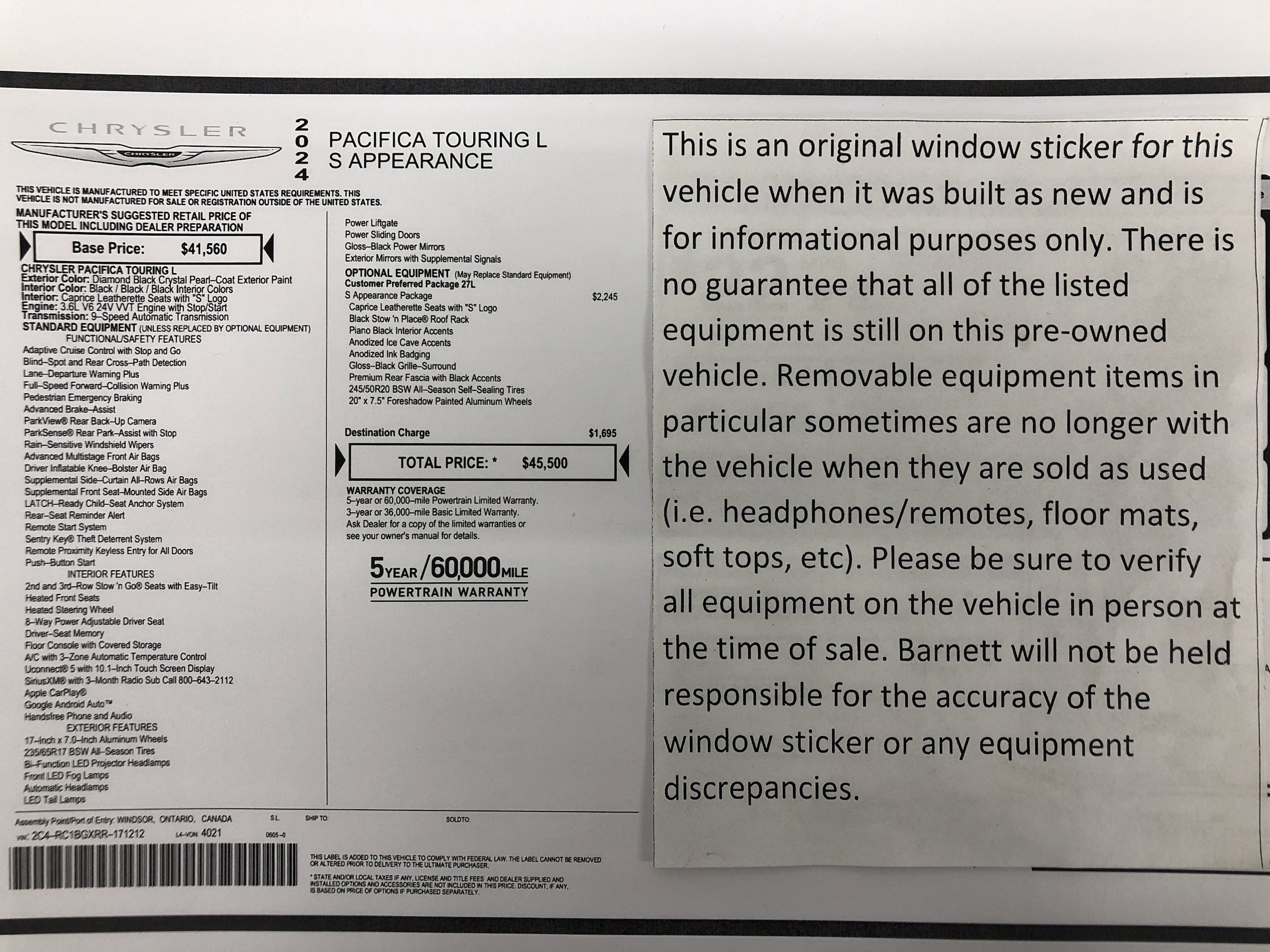 Certified 2024 Chrysler Pacifica Touring L with VIN 2C4RC1BGXRR171212 for sale in White Bear Lake, Minnesota