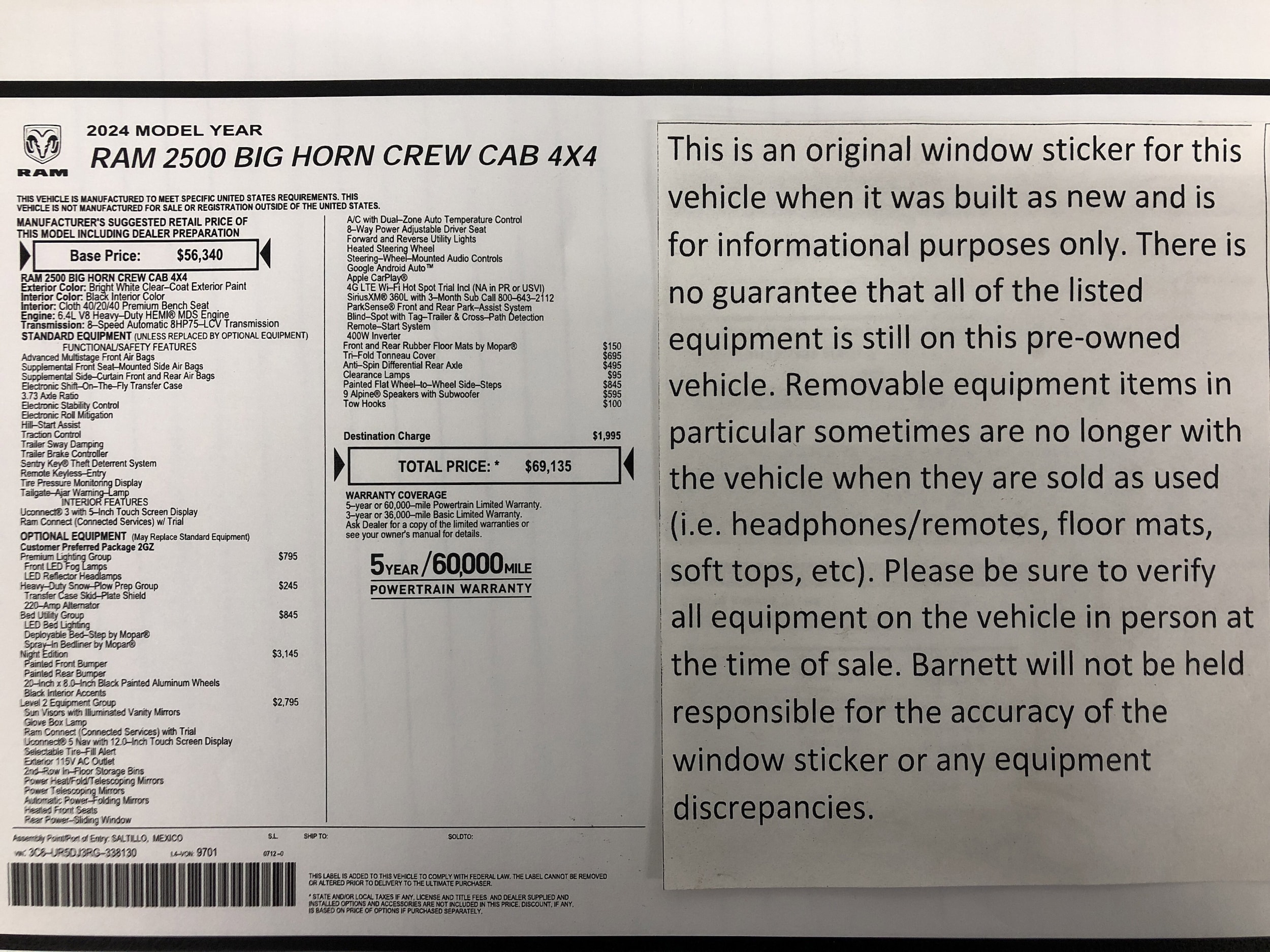 Used 2024 RAM Ram 2500 Pickup Big Horn with VIN 3C6UR5DJ3RG338130 for sale in White Bear Lake, Minnesota