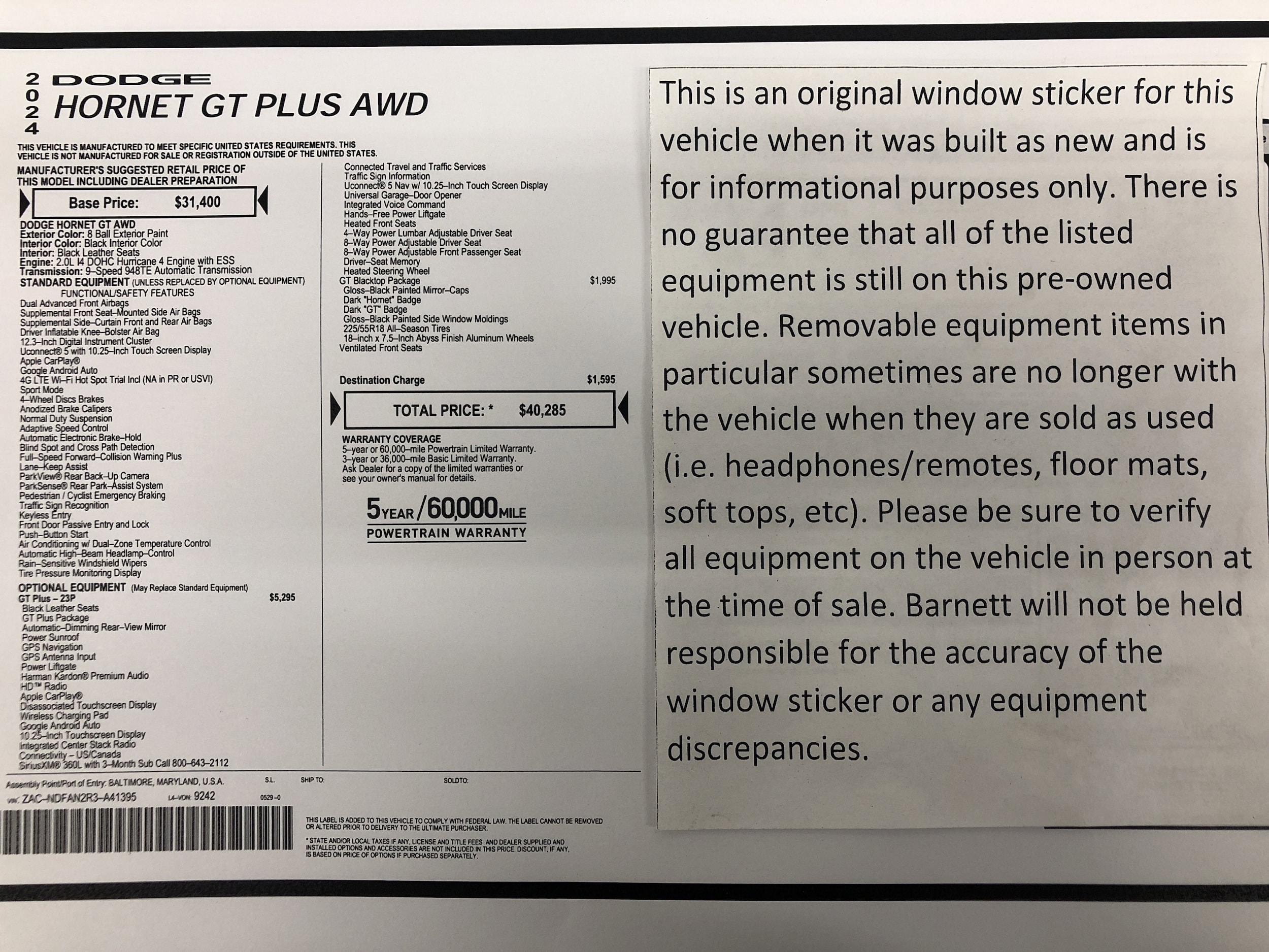 Used 2024 Dodge Hornet GT with VIN ZACNDFAN2R3A41395 for sale in White Bear Lake, Minnesota