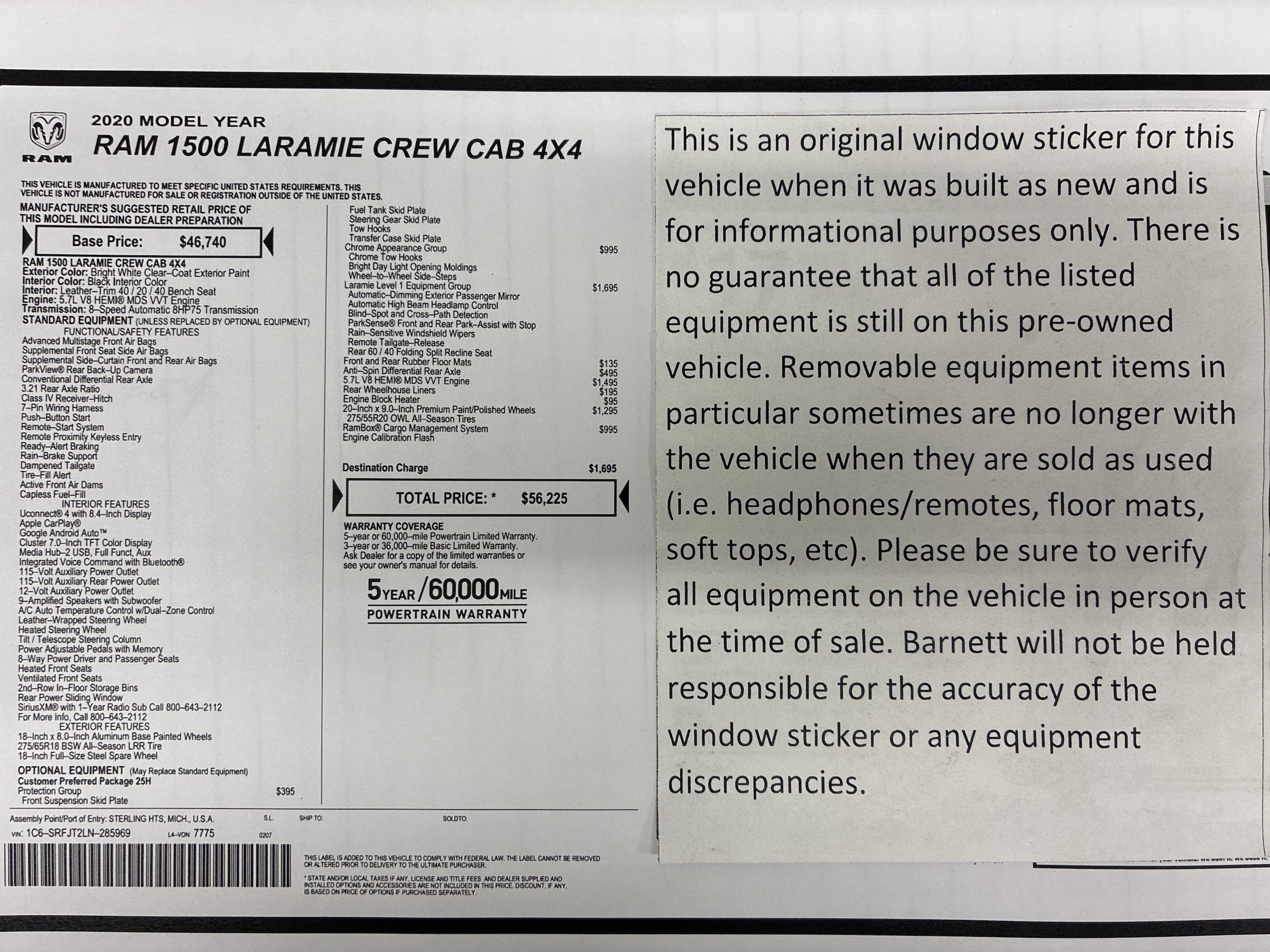 Used 2020 RAM Ram 1500 Pickup Laramie with VIN 1C6SRFJT2LN285969 for sale in White Bear Lake, Minnesota