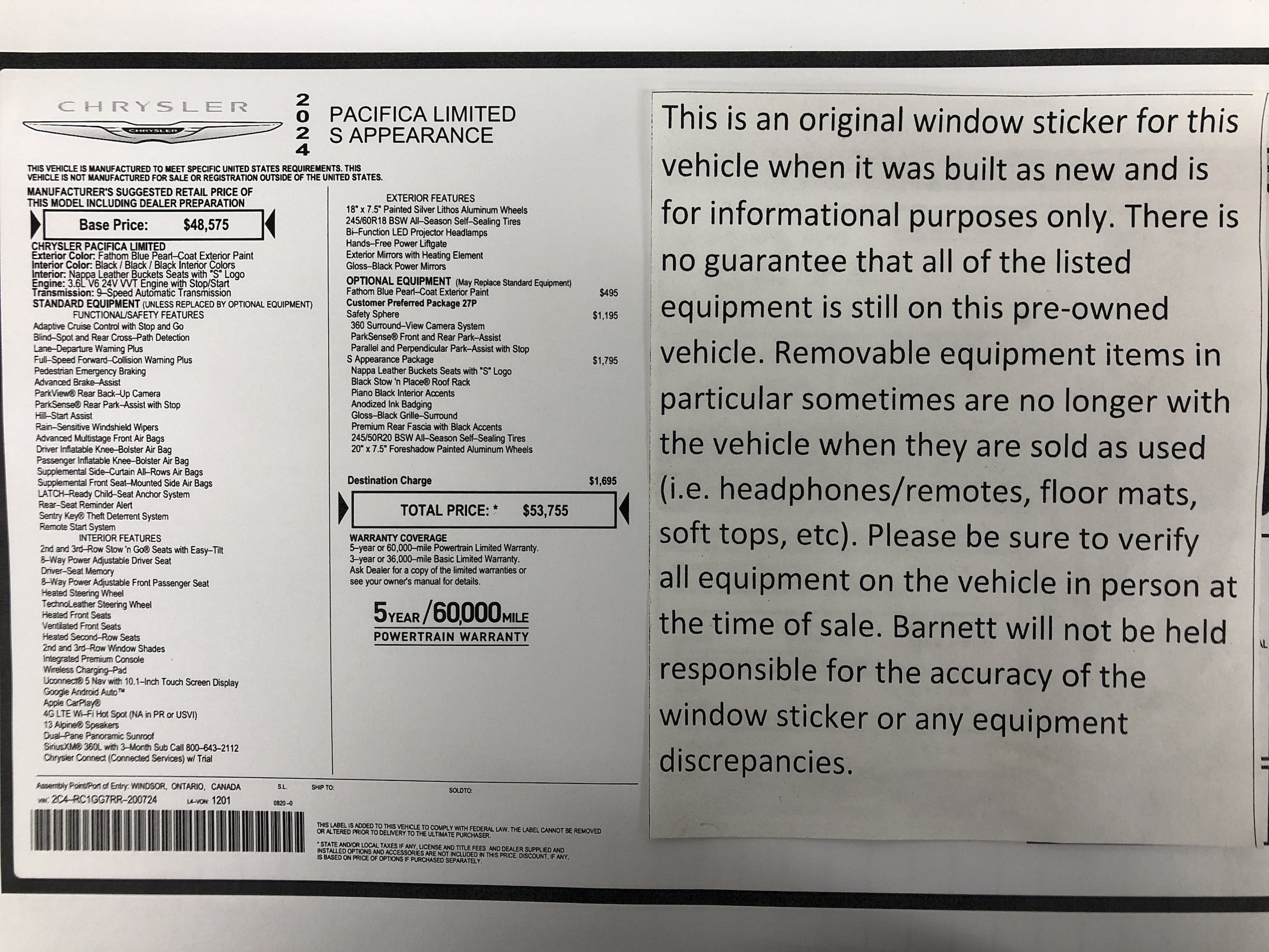 Certified 2024 Chrysler Pacifica Limited with VIN 2C4RC1GG7RR200724 for sale in White Bear Township, Minnesota