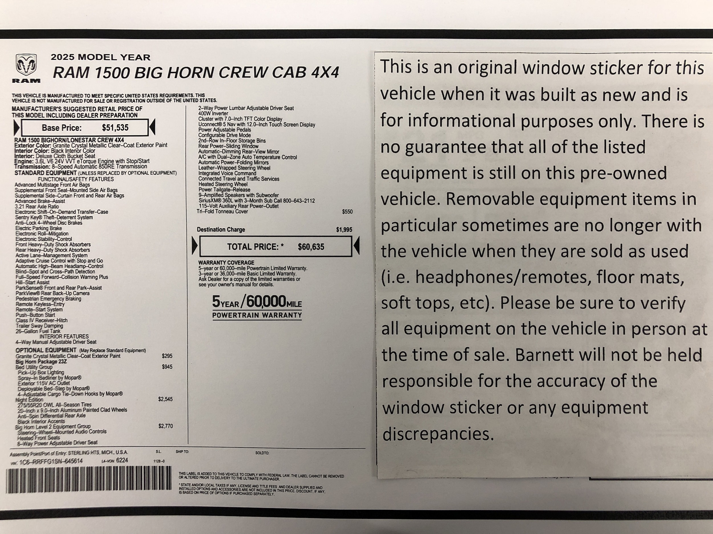Used 2025 RAM Ram 1500 Pickup Big Horn/Lone Star with VIN 1C6RRFFG1SN645614 for sale in White Bear Lake, Minnesota