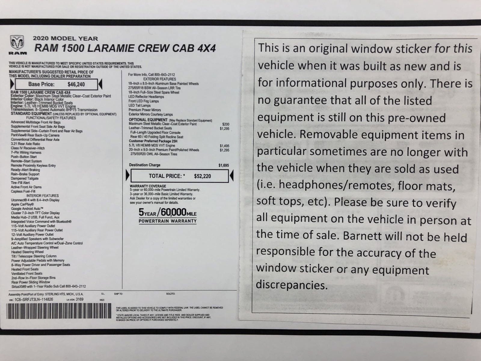 Used 2020 RAM Ram 1500 Pickup Laramie with VIN 1C6SRFJT3LN114826 for sale in White Bear Lake, Minnesota